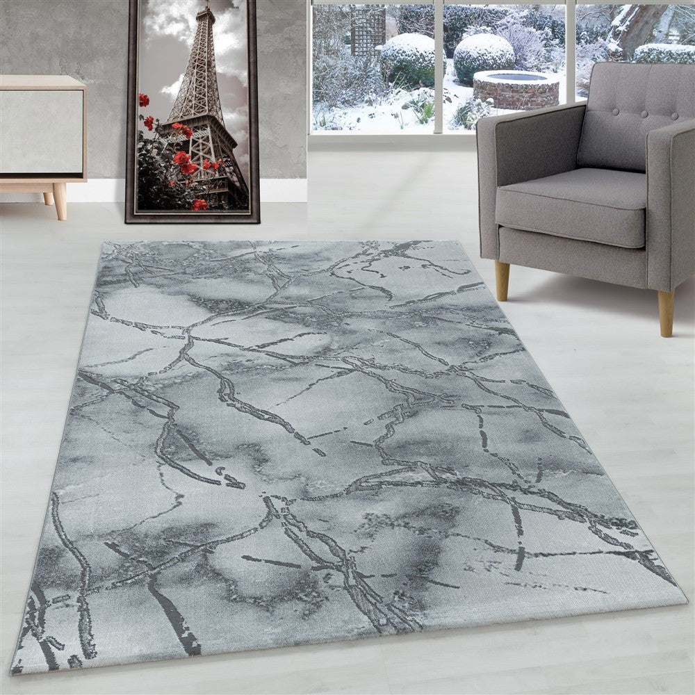 Wohnzimmerteppich Kurzflor Teppich Marmor Design Marmoriert Silber