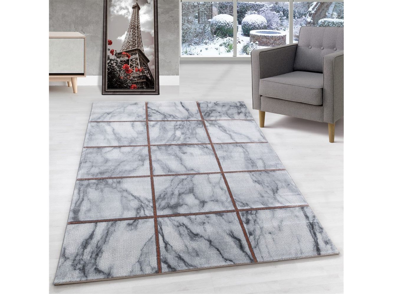 Wohnzimmerteppich Kurzflor Teppich Vierecke Design Marmoriert Bronze