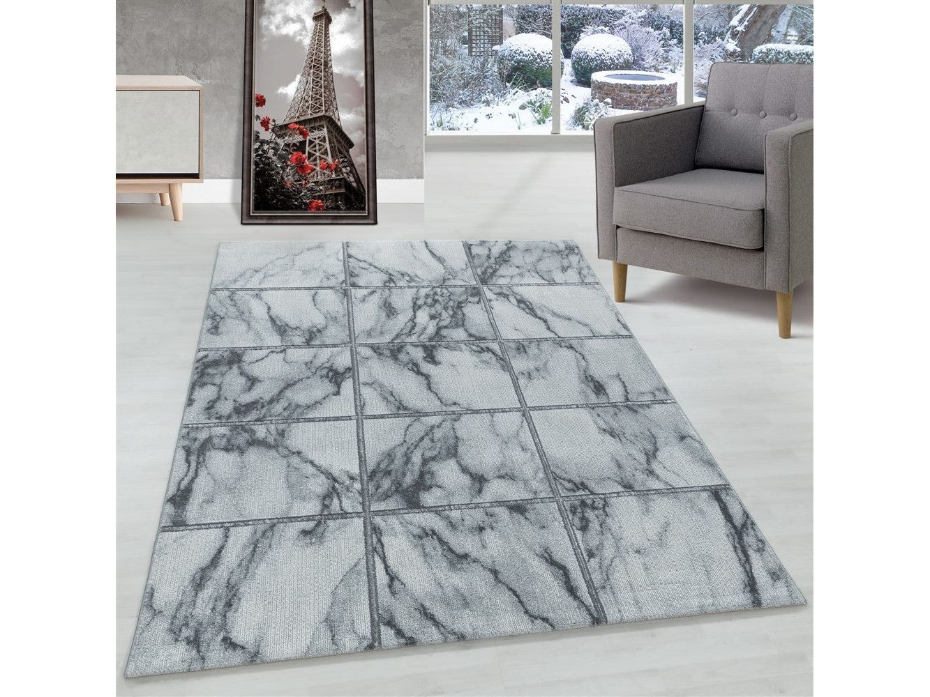 Wohnzimmerteppich Kurzflor Teppich Vierecke Design Marmoriert Silber
