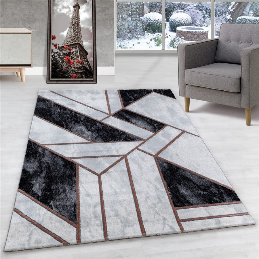 Salon halısı, kısa tüylü halı, mermer tasarım, soyut çizgiler, bronz