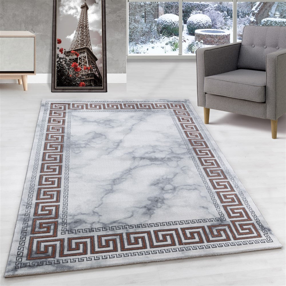 Wohnzimmerteppich Kurzflor Teppich Marmor Design Bordüre Antik Bronze