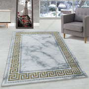 Wohnzimmerteppich Kurzflor Teppich Marmor Design Bordüre Antik Gold