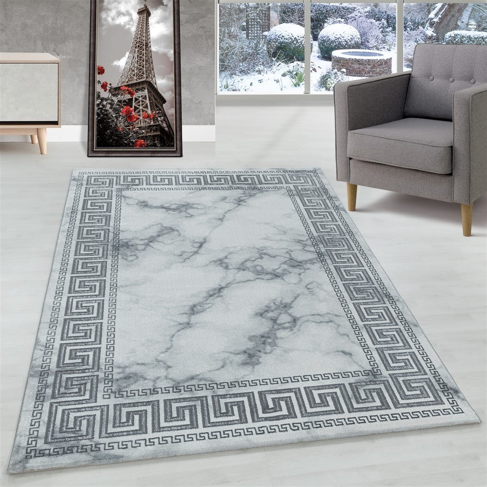 Wohnzimmerteppich Kurzflor Teppich Marmor Design Bordüre Antik Silber