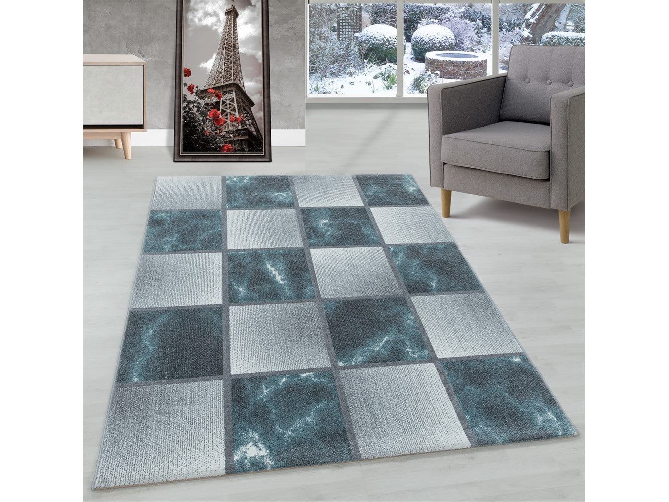 Wohnzimmerteppich Kurzflor Teppich Blau Grau Quadrat Muster Marmoriert Weich
