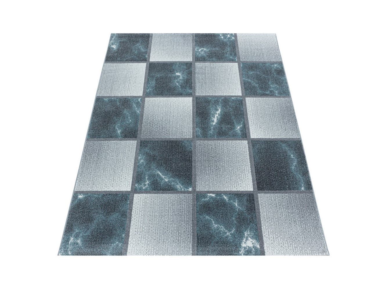 Wohnzimmerteppich Kurzflor Teppich Blau Grau Quadrat Muster Marmoriert Weich