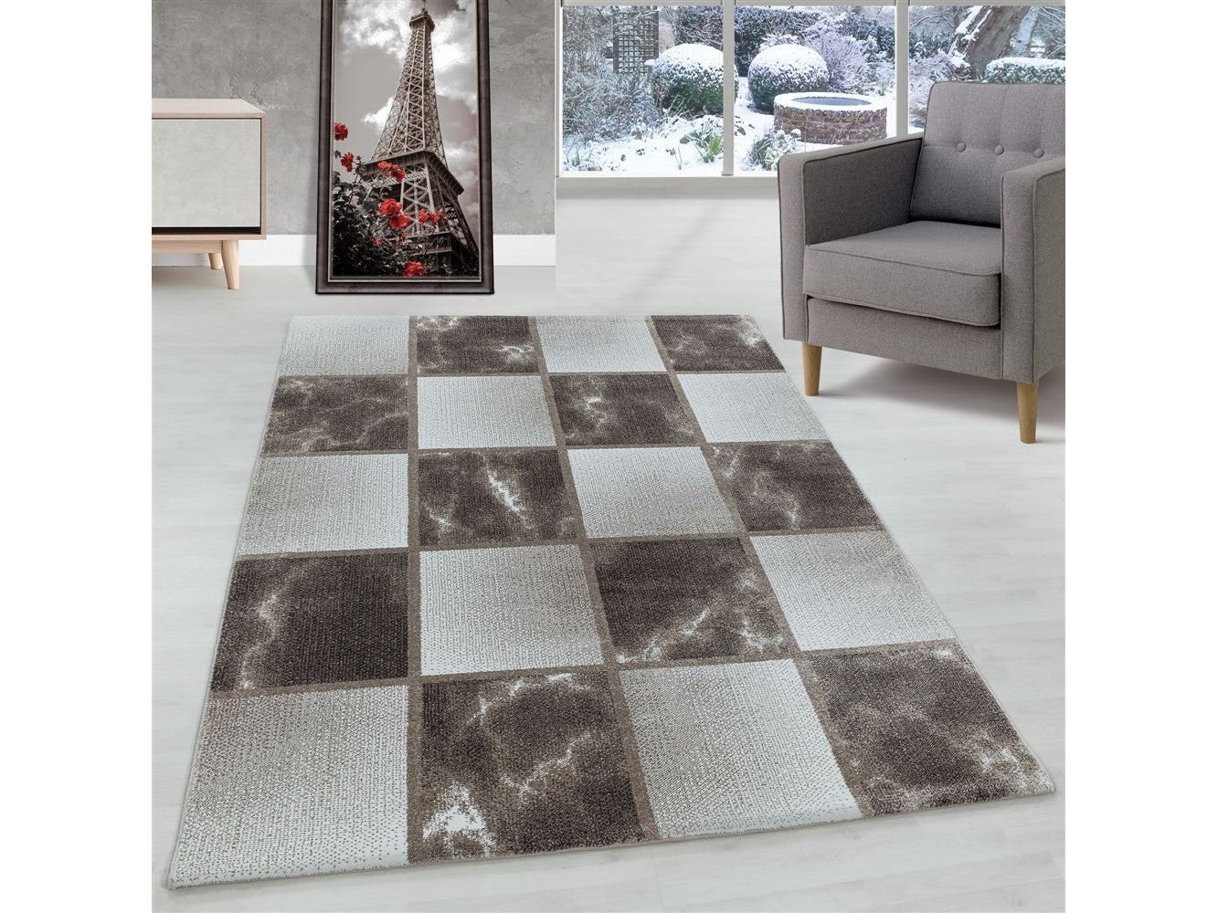Wohnzimmerteppich Kurzflor Teppich Braun Grau Quadrat Muster Marmoriert Weich