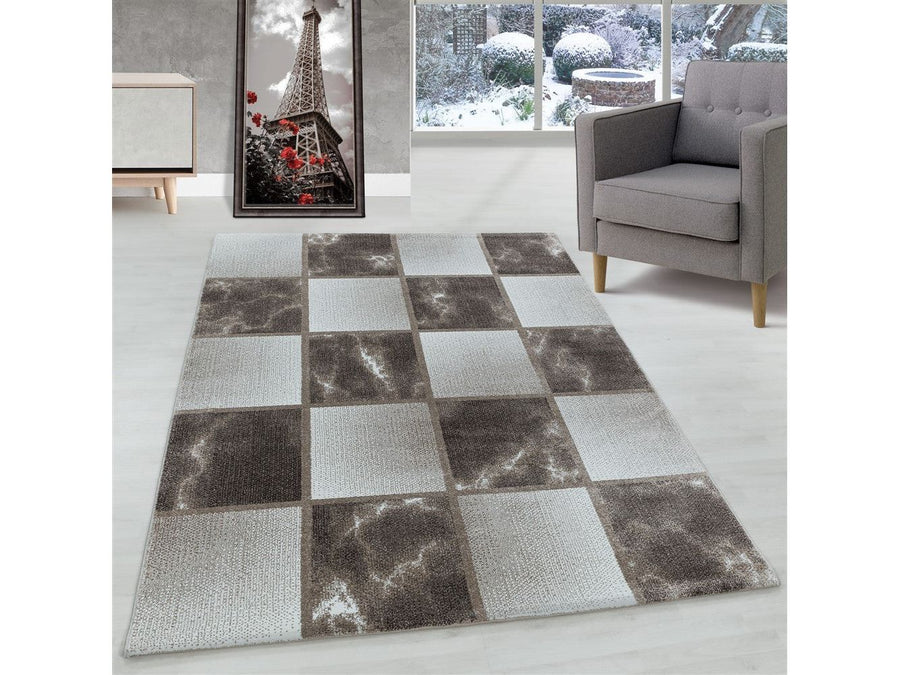 Wohnzimmerteppich Kurzflor Teppich Braun Grau Quadrat Muster Marmoriert Weich