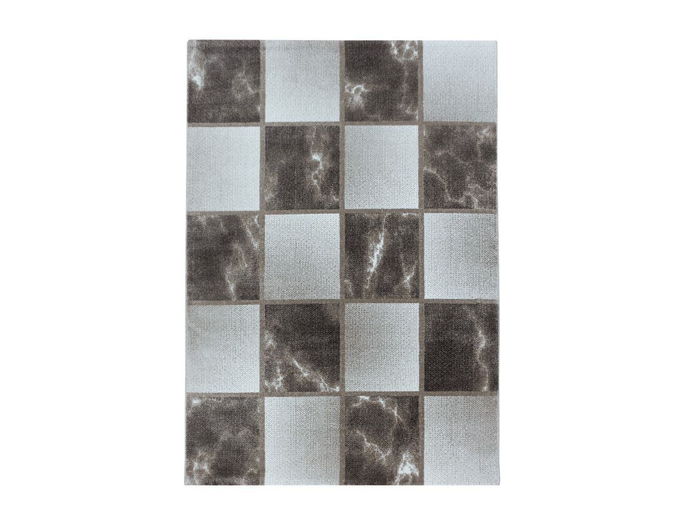Wohnzimmerteppich Kurzflor Teppich Braun Grau Quadrat Muster Marmoriert Weich