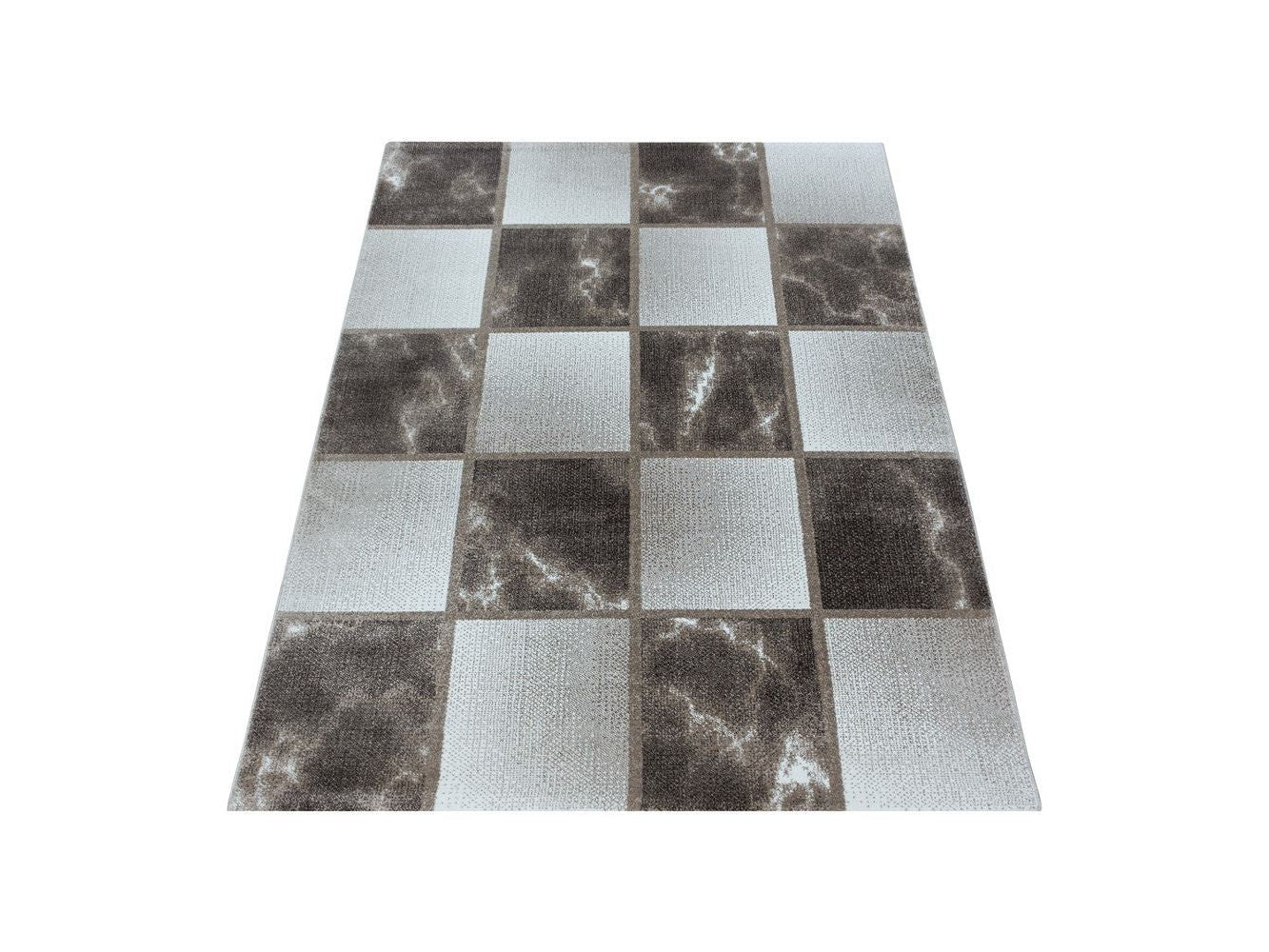 Wohnzimmerteppich Kurzflor Teppich Braun Grau Quadrat Muster Marmoriert Weich