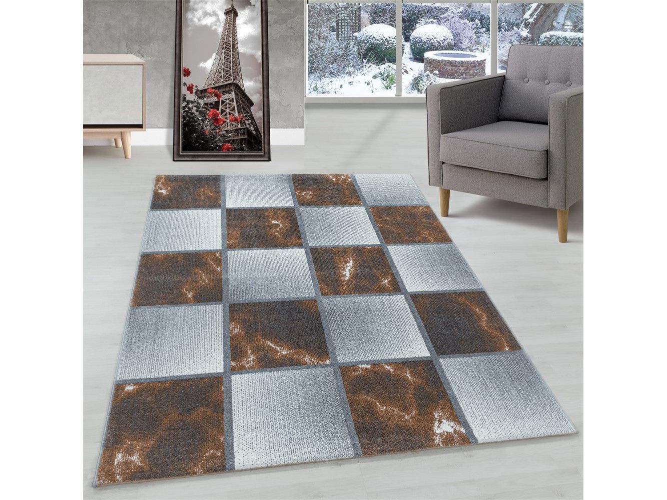 Wohnzimmerteppich Kurzflor Teppich Farbe Terra Quadrat Muster Marmoriert Weich