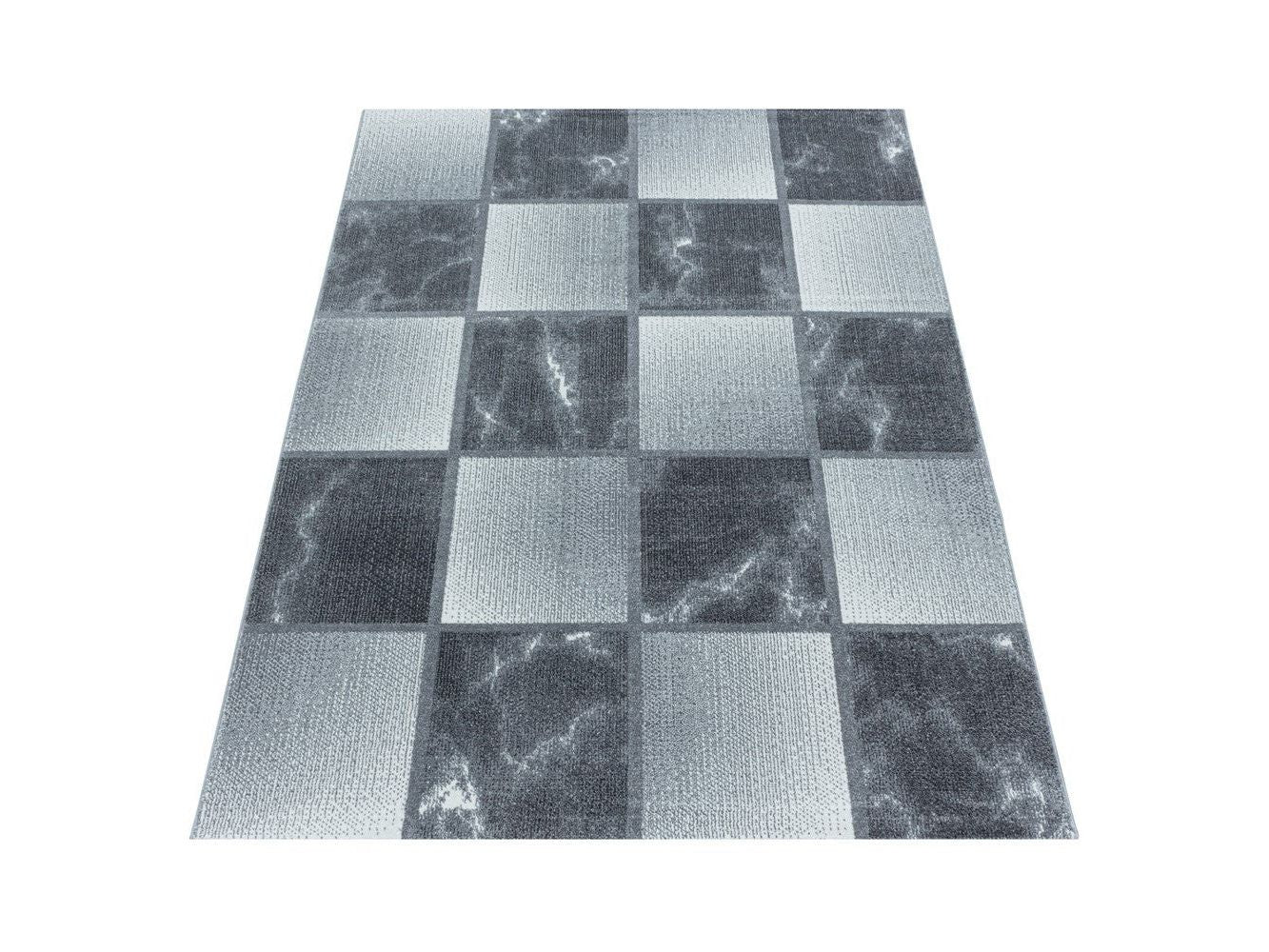 Wohnzimmerteppich Kurzflor Teppich Grau Hellgrau Quadrat Muster Marmoriert Weich
