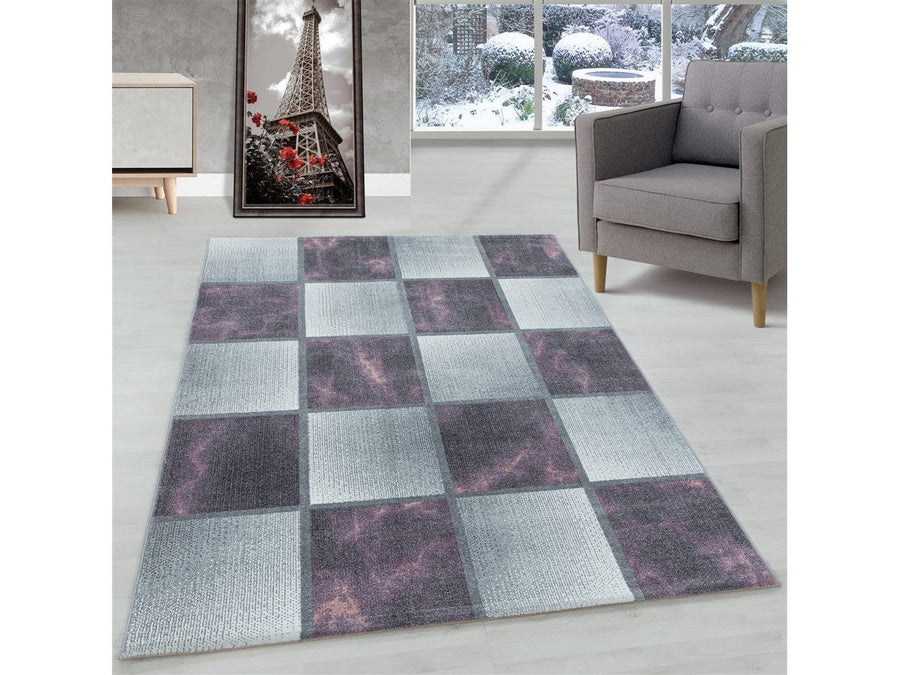 Wohnzimmerteppich Kurzflor Teppich Lila Grau Quadrat Muster Marmoriert Weich