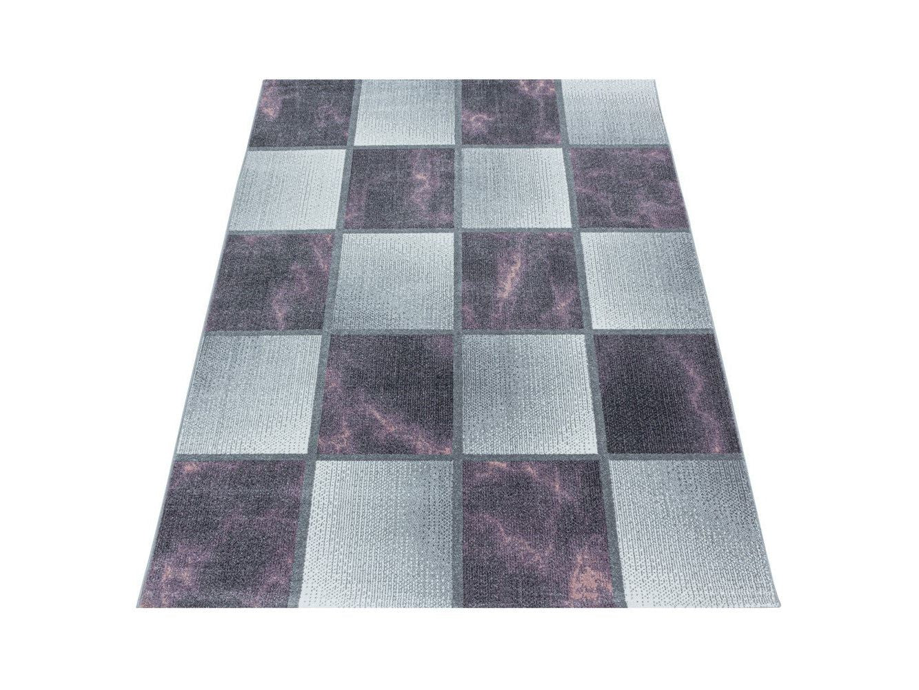 Wohnzimmerteppich Kurzflor Teppich Lila Grau Quadrat Muster Marmoriert Weich