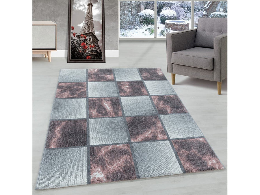 Wohnzimmerteppich Kurzflor Teppich Rosa Grau Quadrat Muster Marmoriert Weich