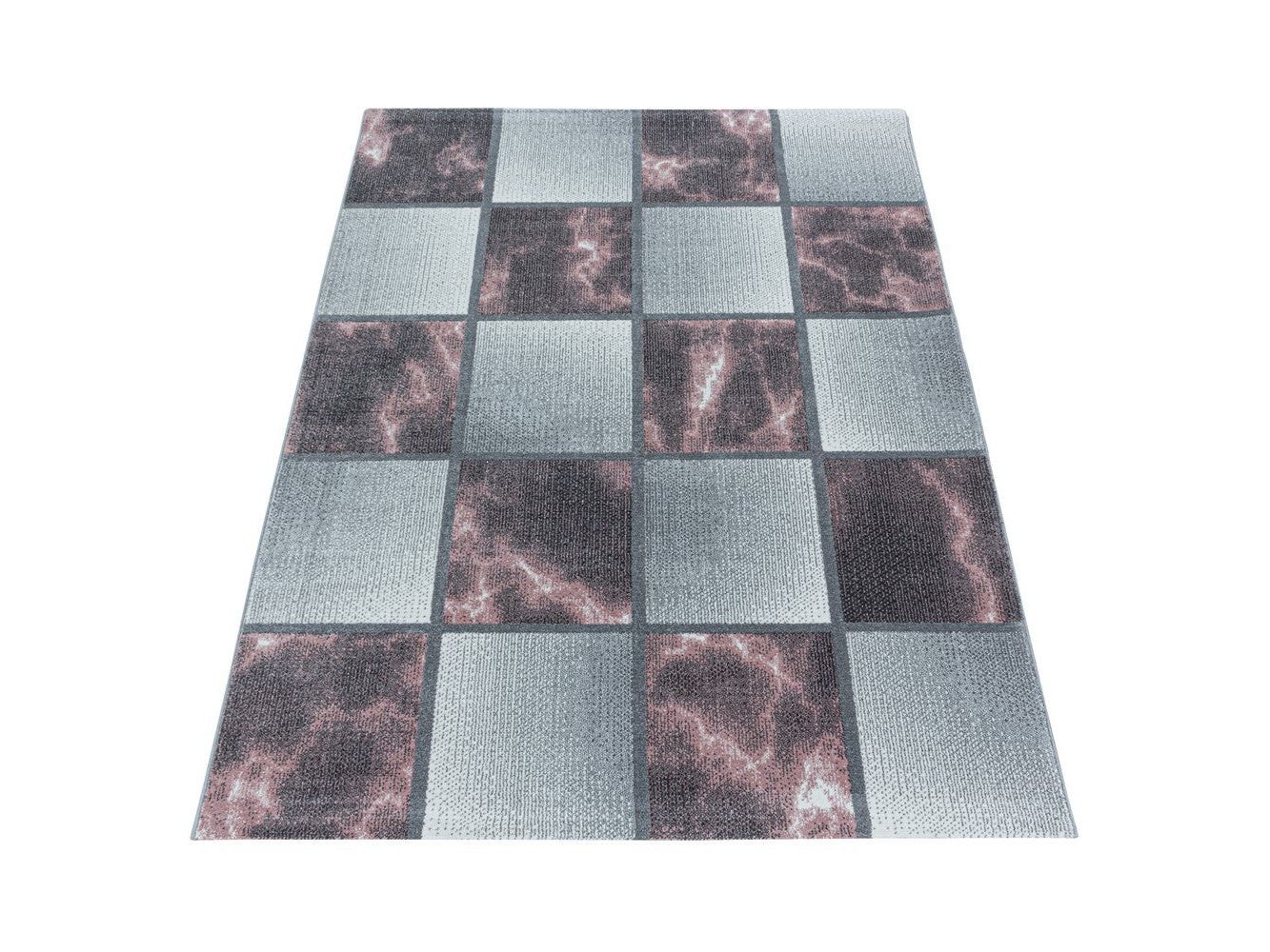 Wohnzimmerteppich Kurzflor Teppich Rosa Grau Quadrat Muster Marmoriert Weich