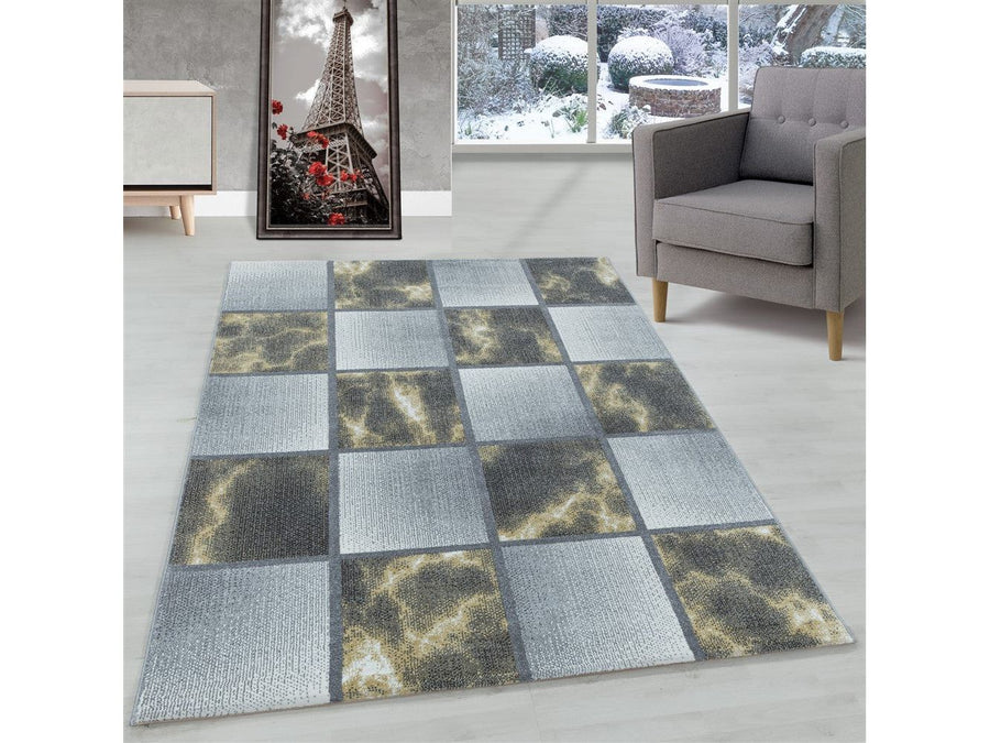 Wohnzimmerteppich Kurzflor Teppich Gelb Grau Quadrat Muster Marmoriert Weich