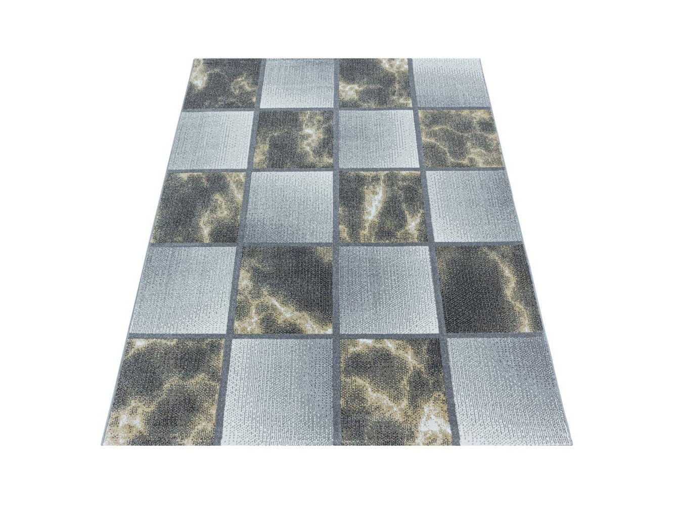 Wohnzimmerteppich Kurzflor Teppich Gelb Grau Quadrat Muster Marmoriert Weich