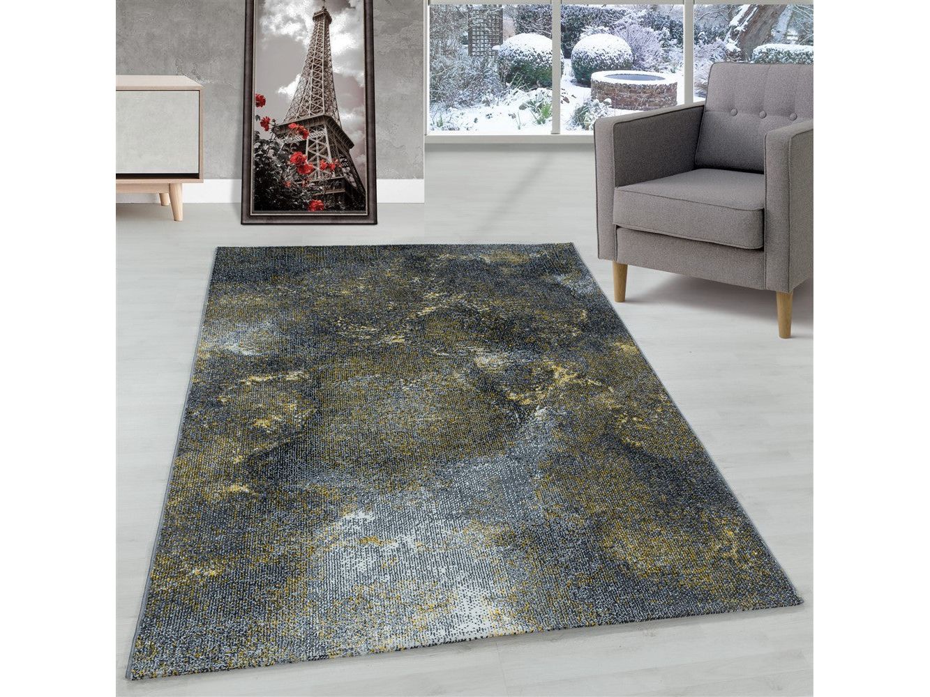 Wohnzimmerteppich Kurzflor Teppich Wolken Muster Marmoriert Weich Gelb