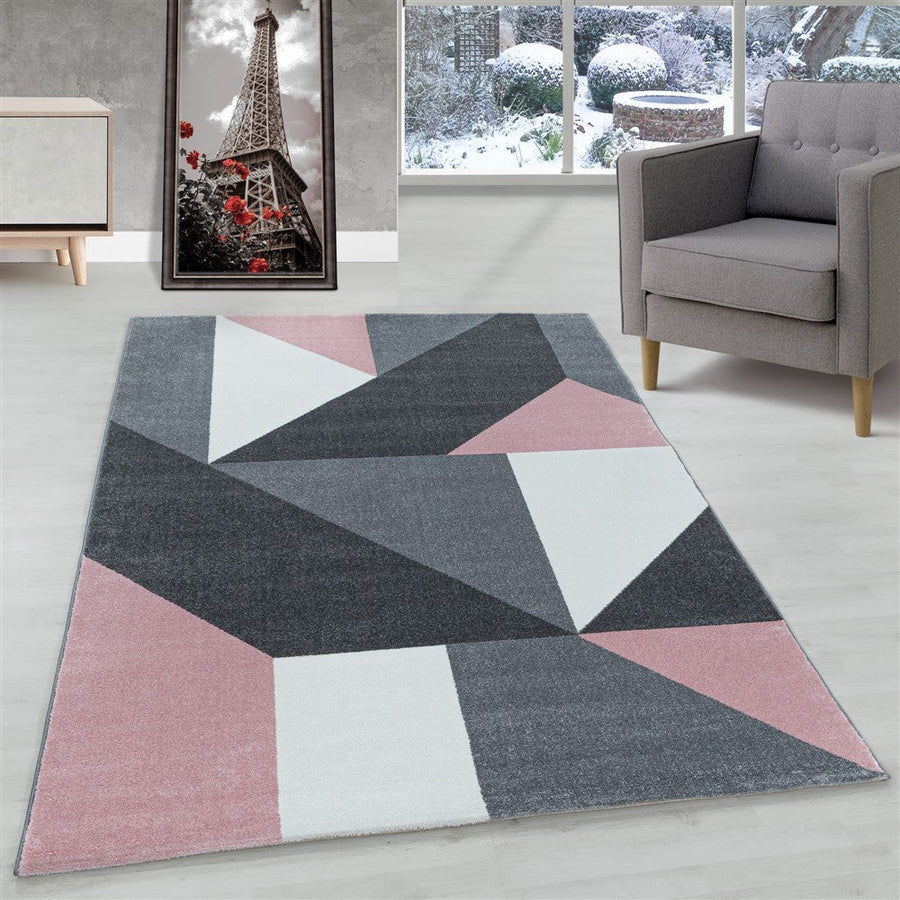 Oturma odası halısı, kısa tüylü halı, geometrik desen, modern, yumuşak pembe