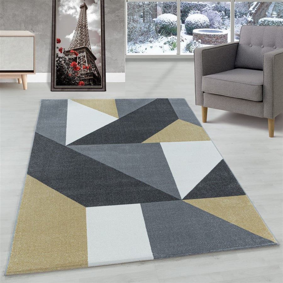 Oturma odası halısı, kısa tüylü halı, geometrik desen, modern, yumuşak sarı