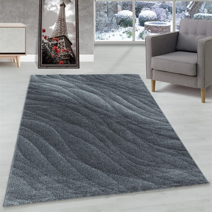 Oturma odası halısı, kısa tüylü halı, desen, modern tasarım, dalgalar, çizgiler, yumuşak gri