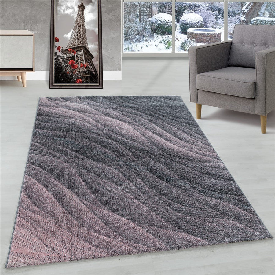 Oturma odası halısı, kısa tüylü halı, desen tasarımı, dalgalar, çizgiler, yumuşak pembe