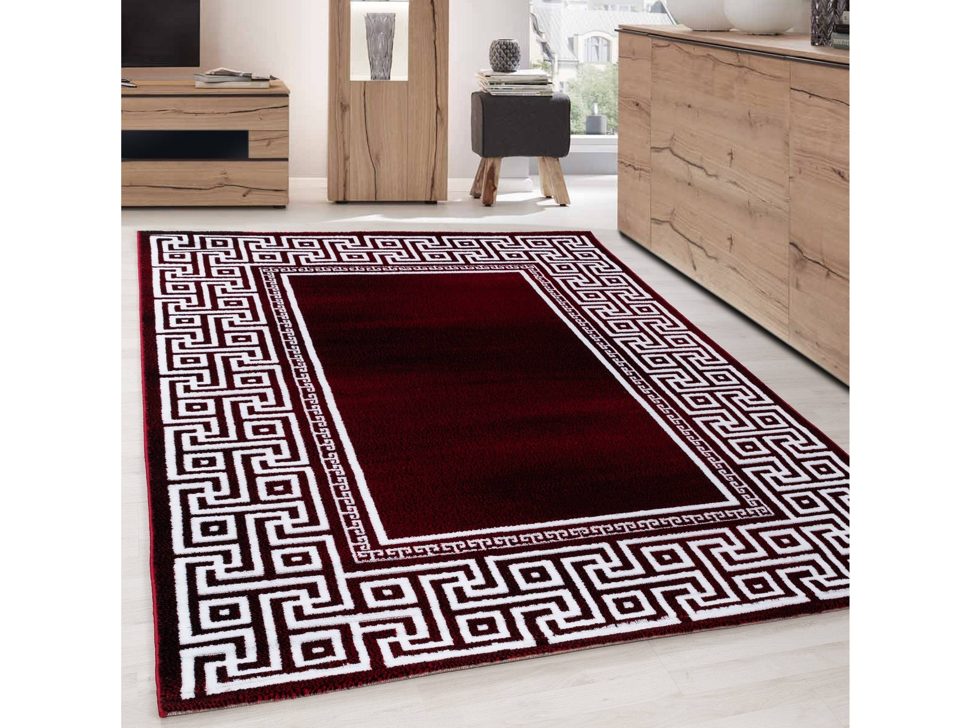 Teppich Modern Designer Geometrisch bordüre  Optik Schwarz Rot Weiß