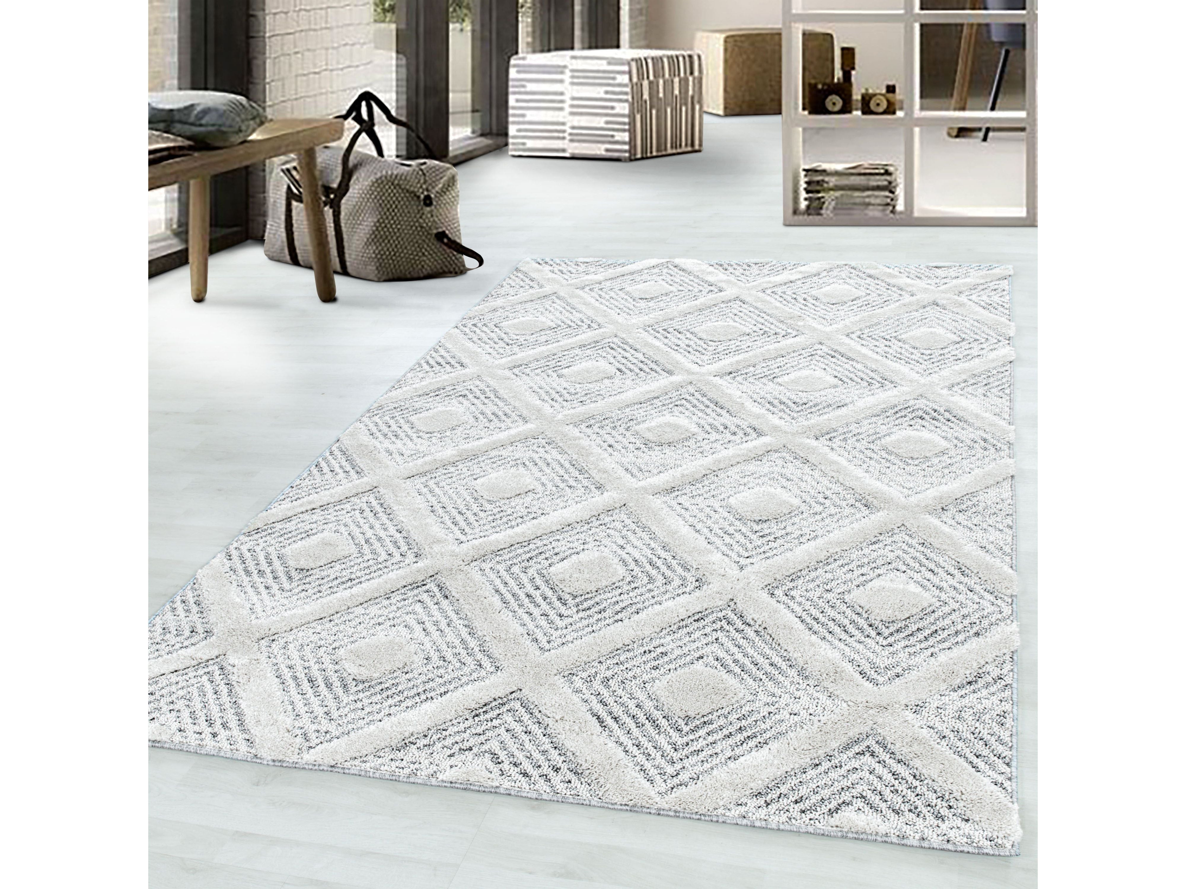 Kurzflor Design Teppich MIA Looped Flor 3-D Rauten Viereck Gitter Muster