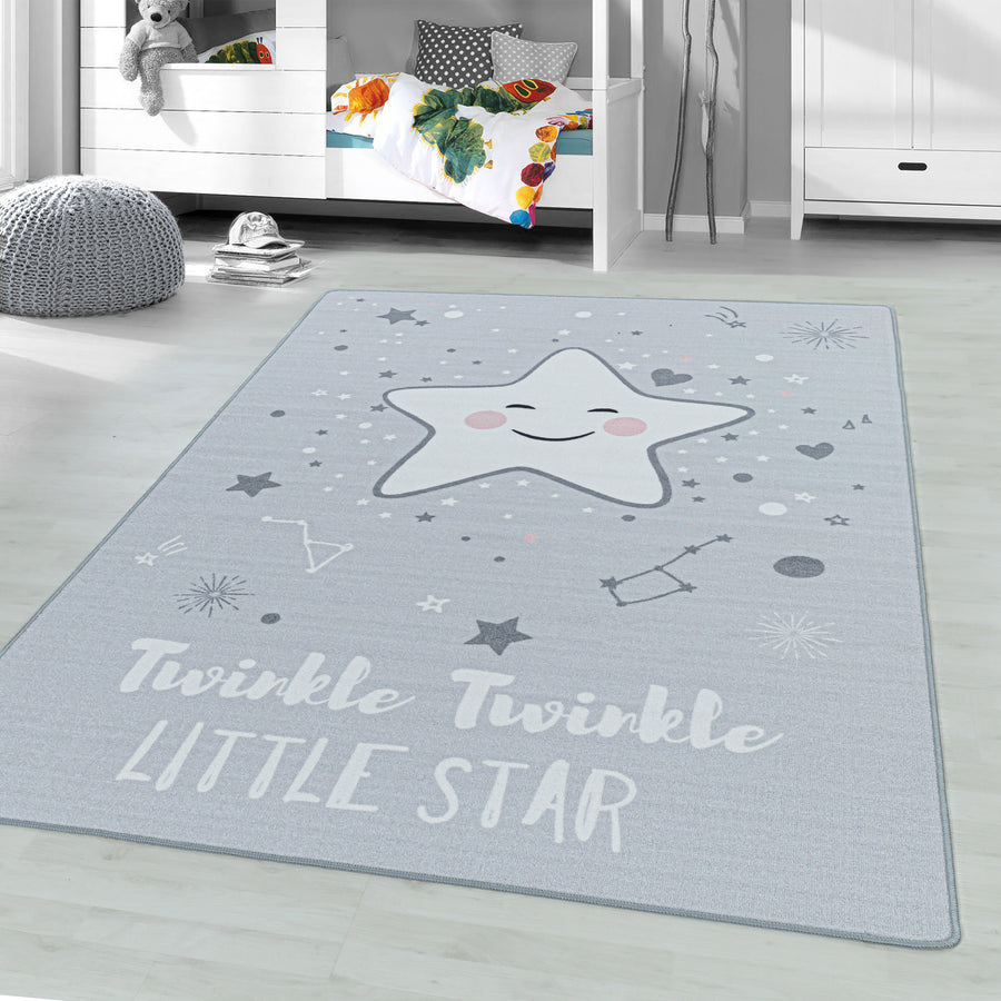 Kısa tüylü çocuk halısı, oyun halısı, çocuk odası halısı, motifli baby star grey
