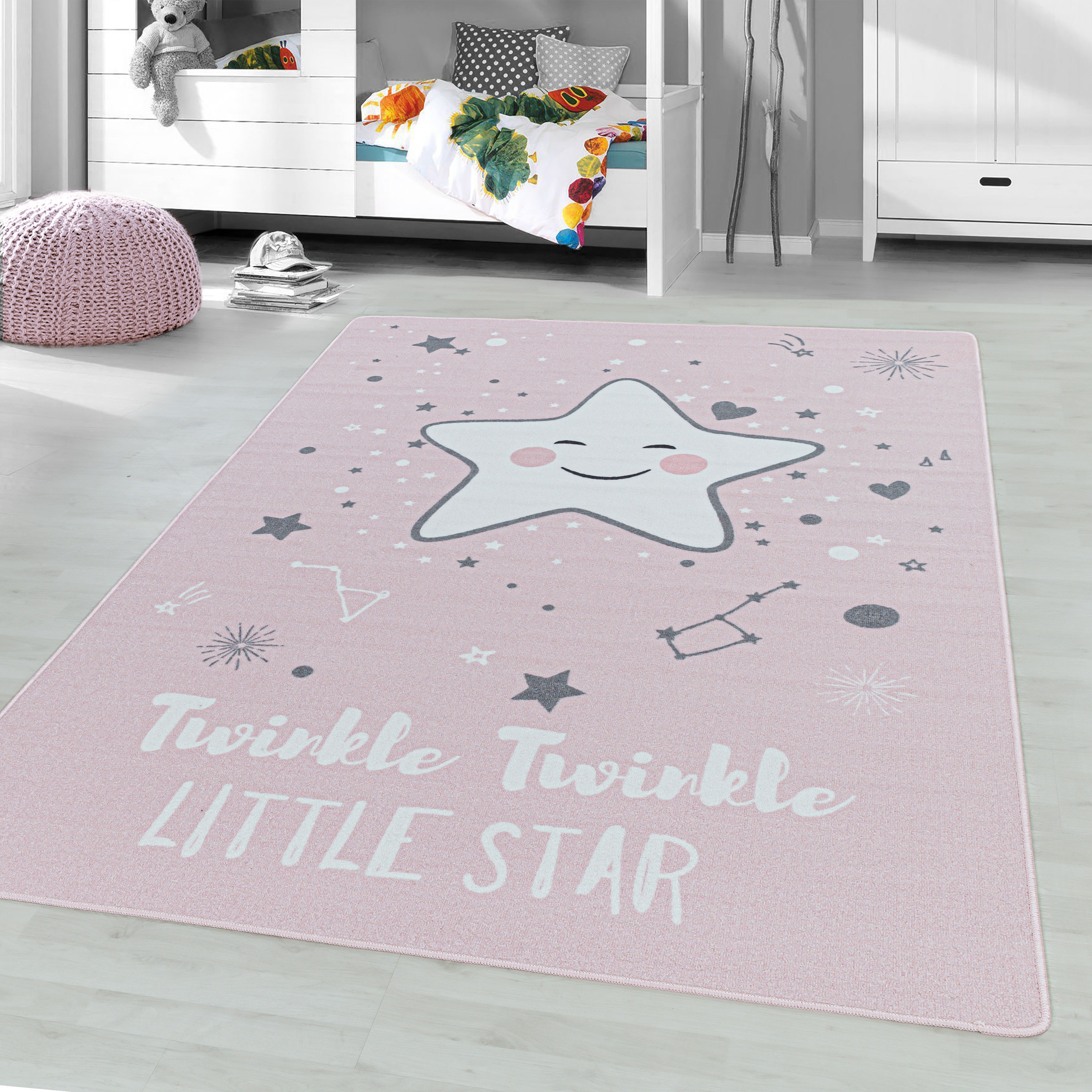 Kurzflor Kinderteppich Spielteppich Kinderzimmer Teppich Motiv Baby Stern pink