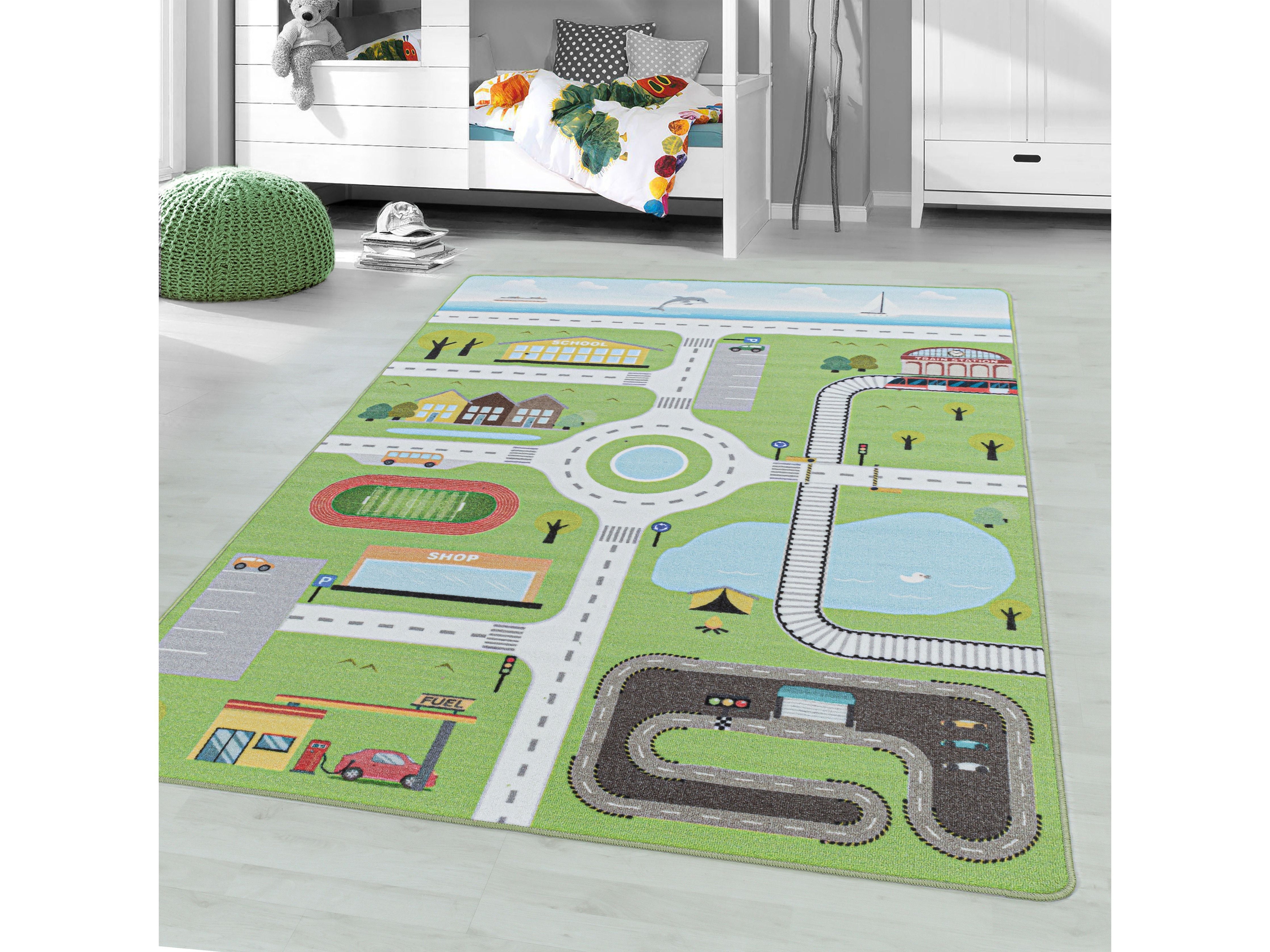 Kurzflor Teppich Spielteppich Kinderzimmer Teppich Motiv Straße Verkehr Grün