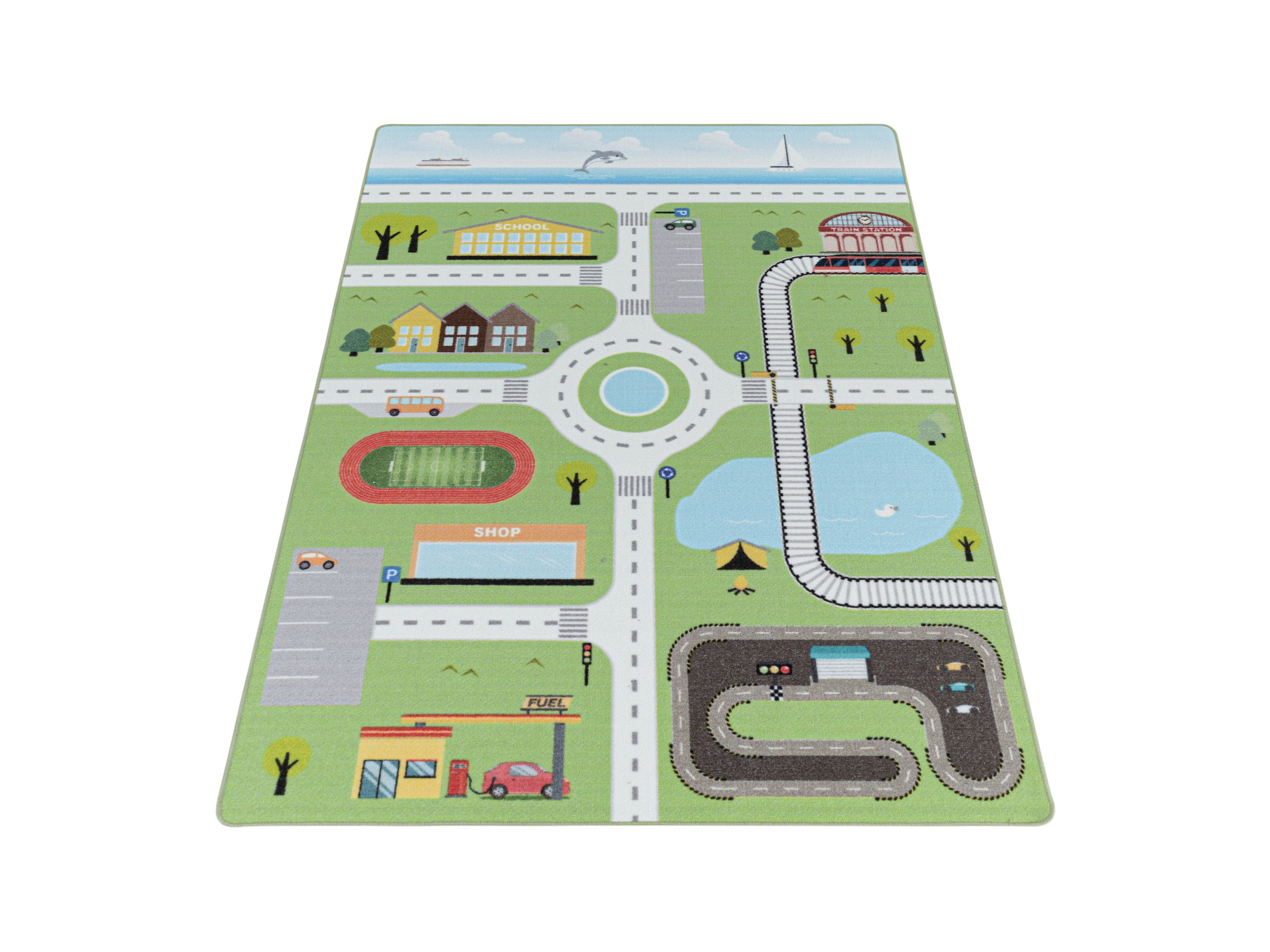 Kurzflor Teppich Spielteppich Kinderzimmer Teppich Motiv Straße Verkehr Grün