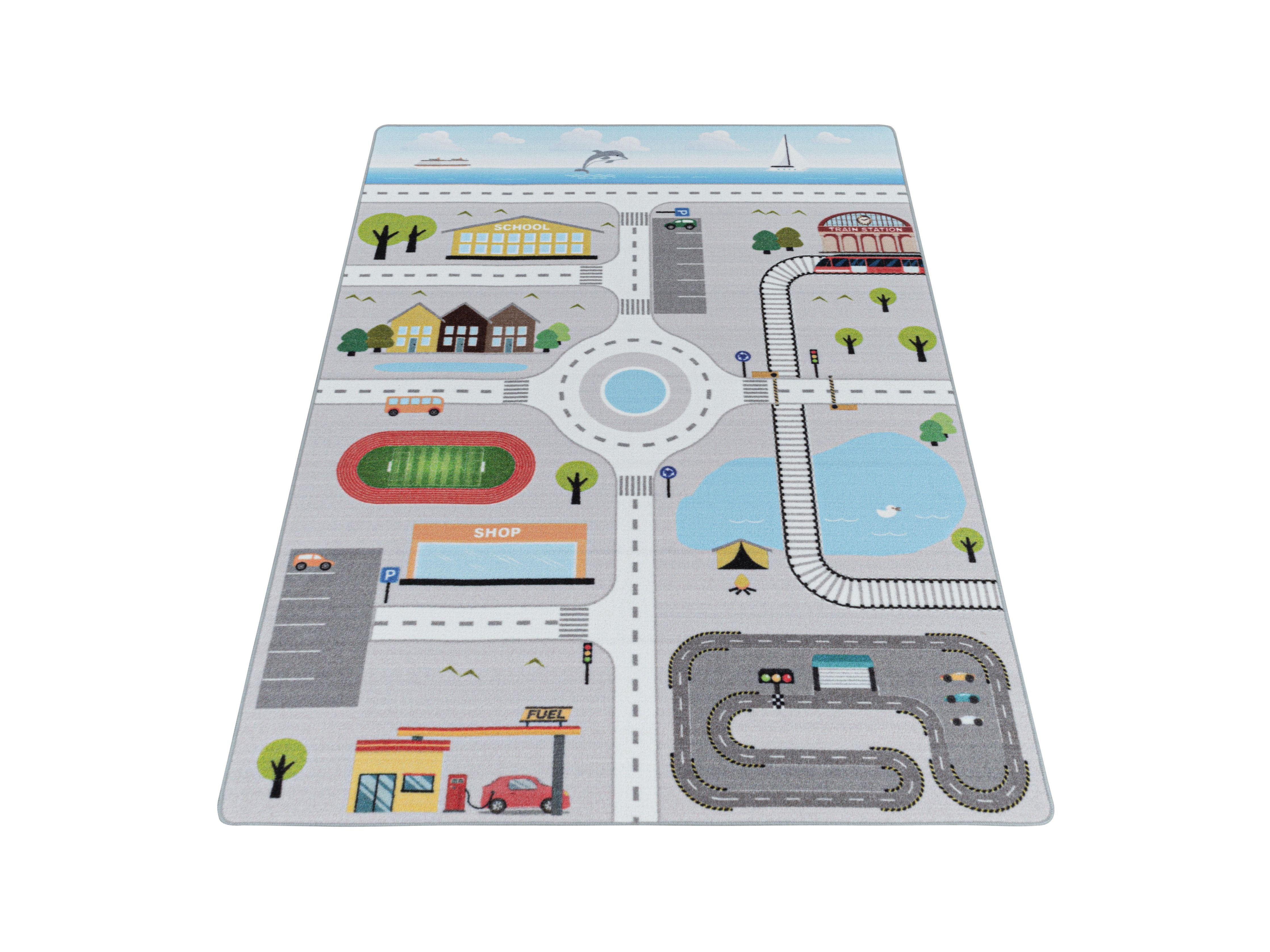 Kurzflor Kinderteppich Spielteppich Kinderzimmer Teppich Straße Verkehr Grau