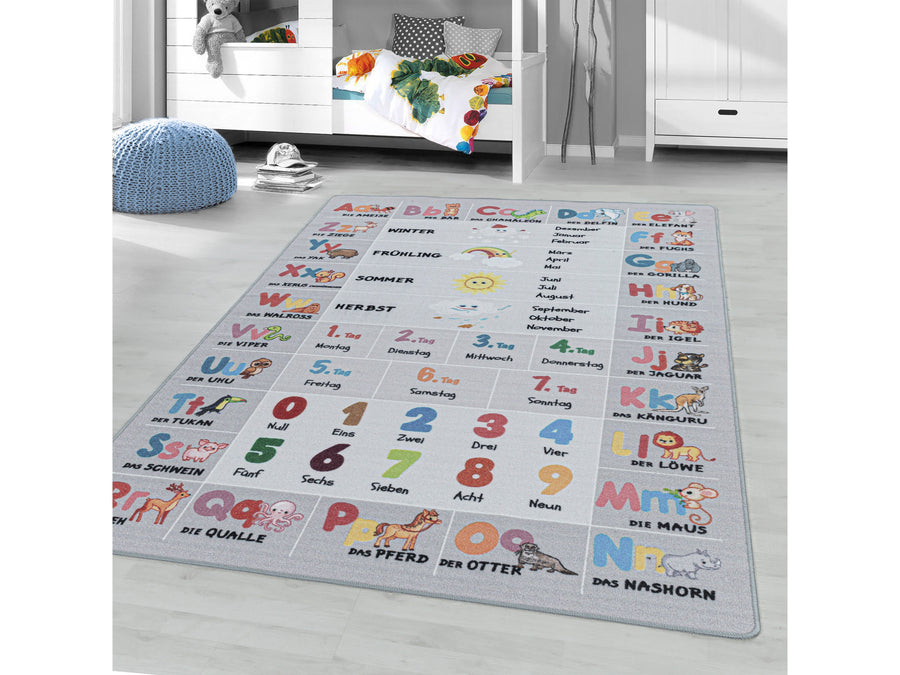 Kurzflor Kinderteppich Spielteppich Teppich Buchstaben Zahlen Jahreszeiten Grau