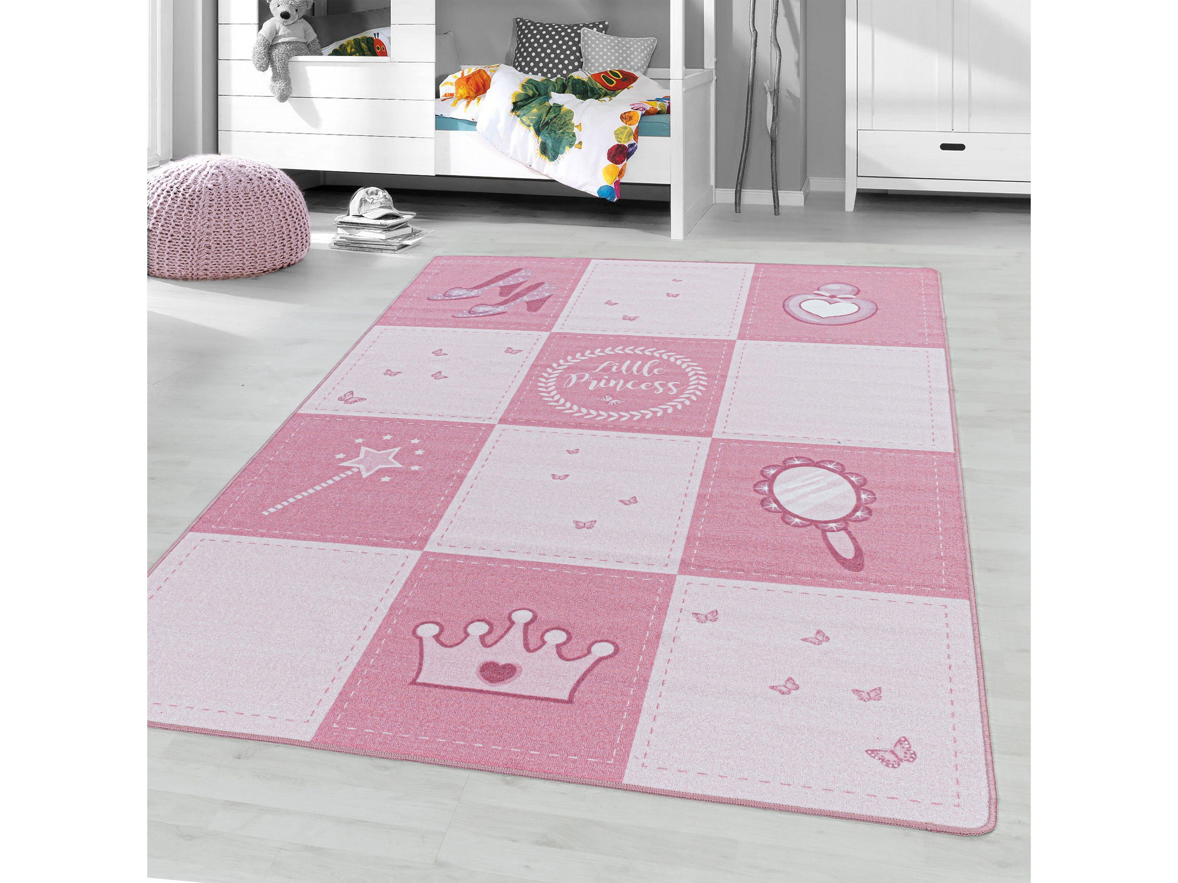 Kurzflor Kinderteppich Spielteppich Teppich Prinzessin Krone Zauberstab Pink