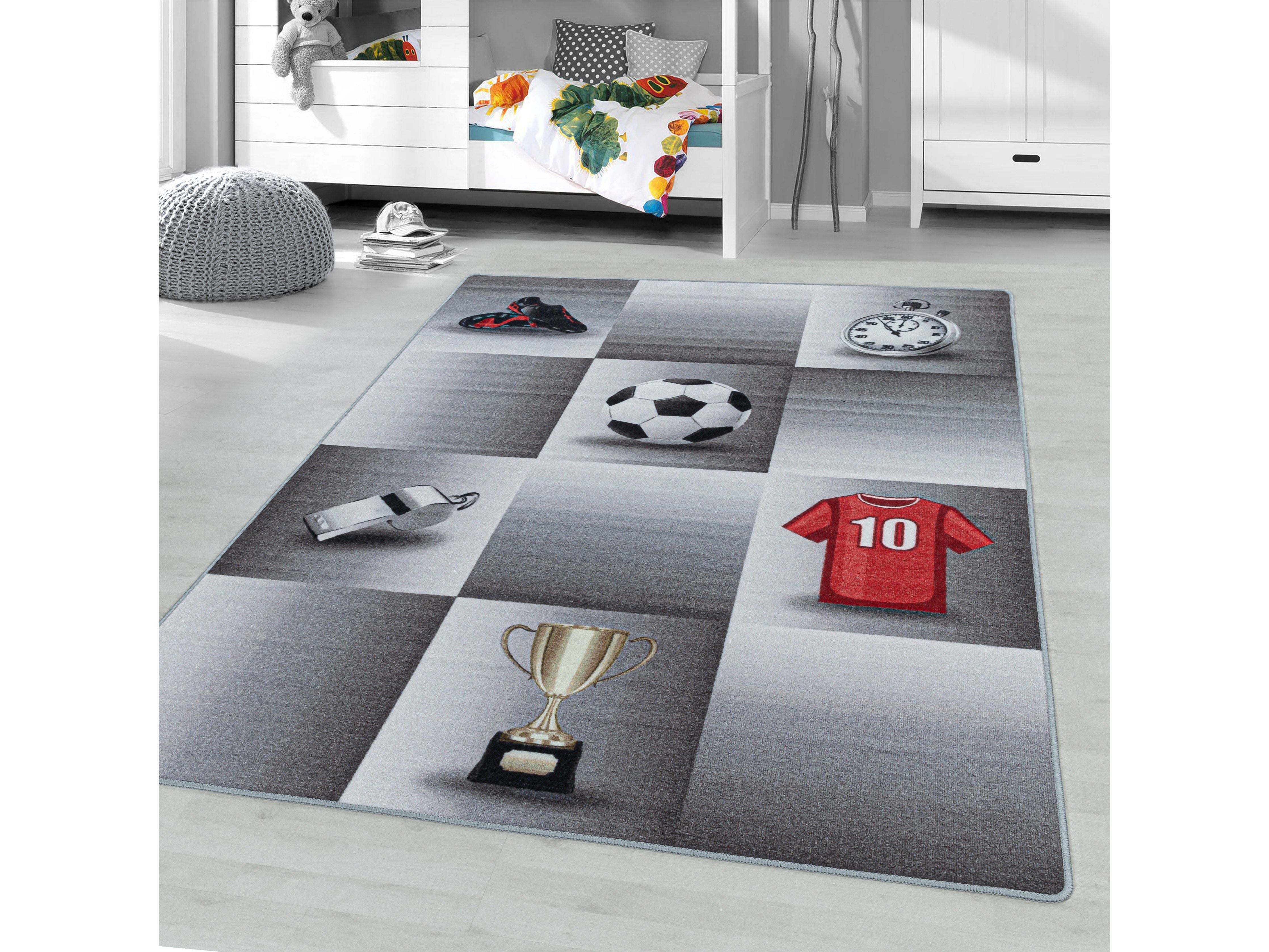 Kurzflor Kinderteppich Spielteppich Teppich Spiel Fussball Trikot Pokal Grau