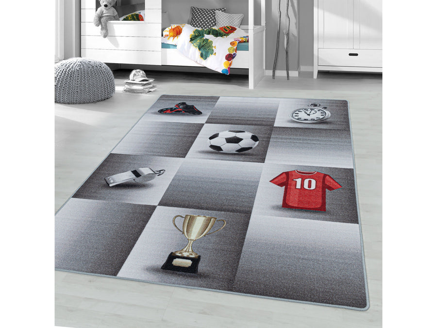 Kurzflor Kinderteppich Spielteppich Teppich Spiel Fussball Trikot Pokal Grau