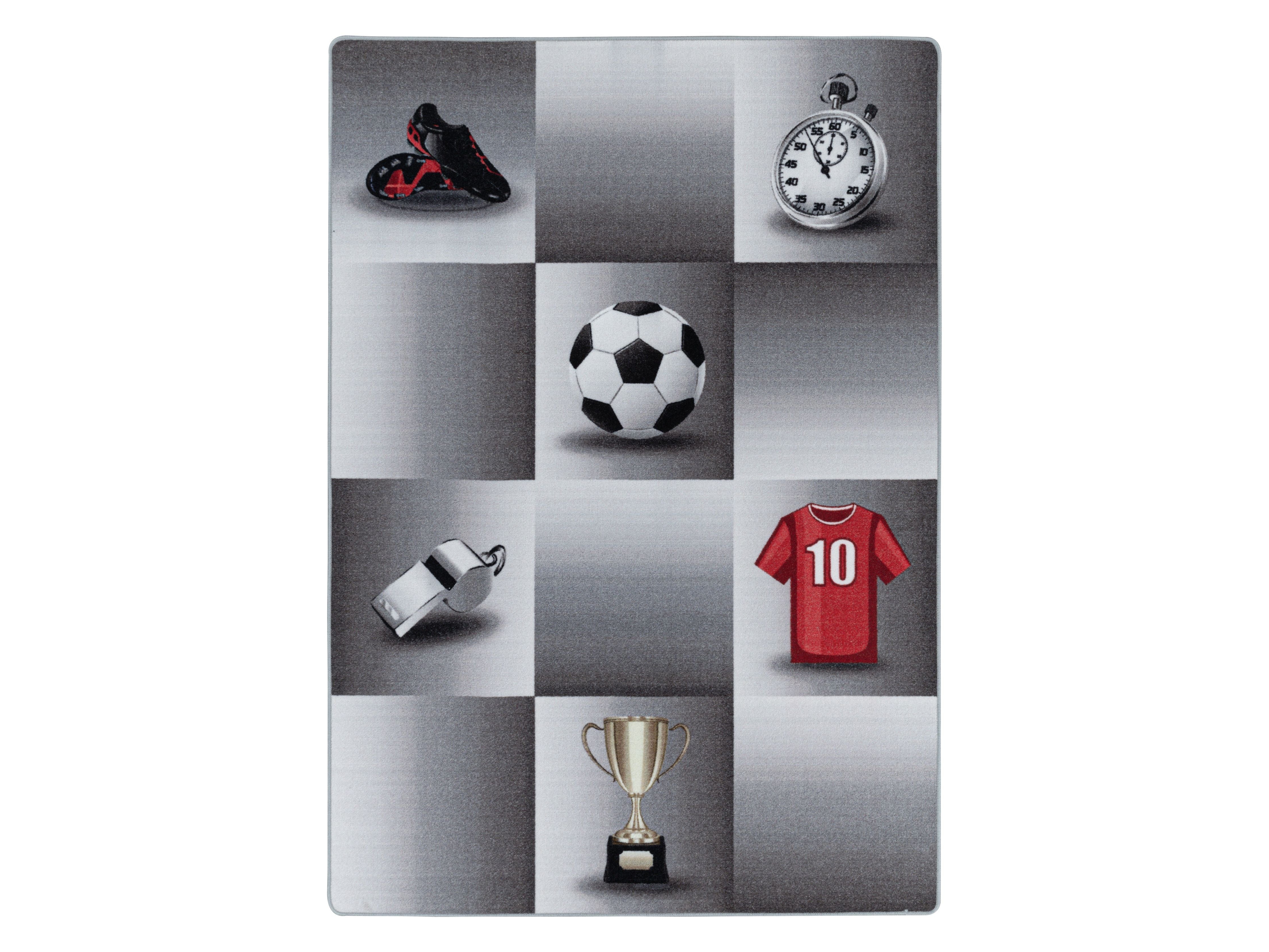 Kurzflor Kinderteppich Spielteppich Teppich Spiel Fussball Trikot Pokal Grau