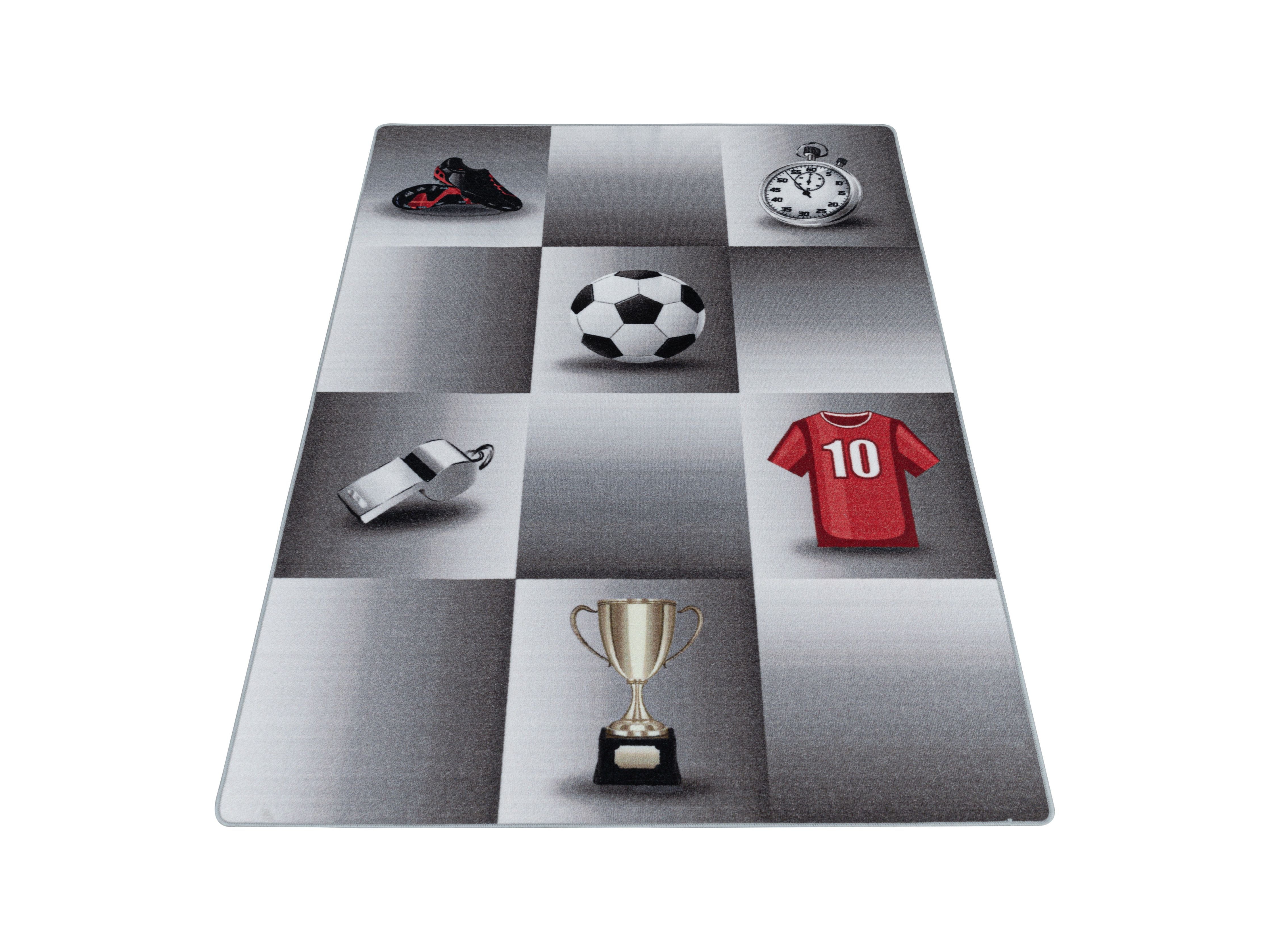 Kurzflor Kinderteppich Spielteppich Teppich Spiel Fussball Trikot Pokal Grau