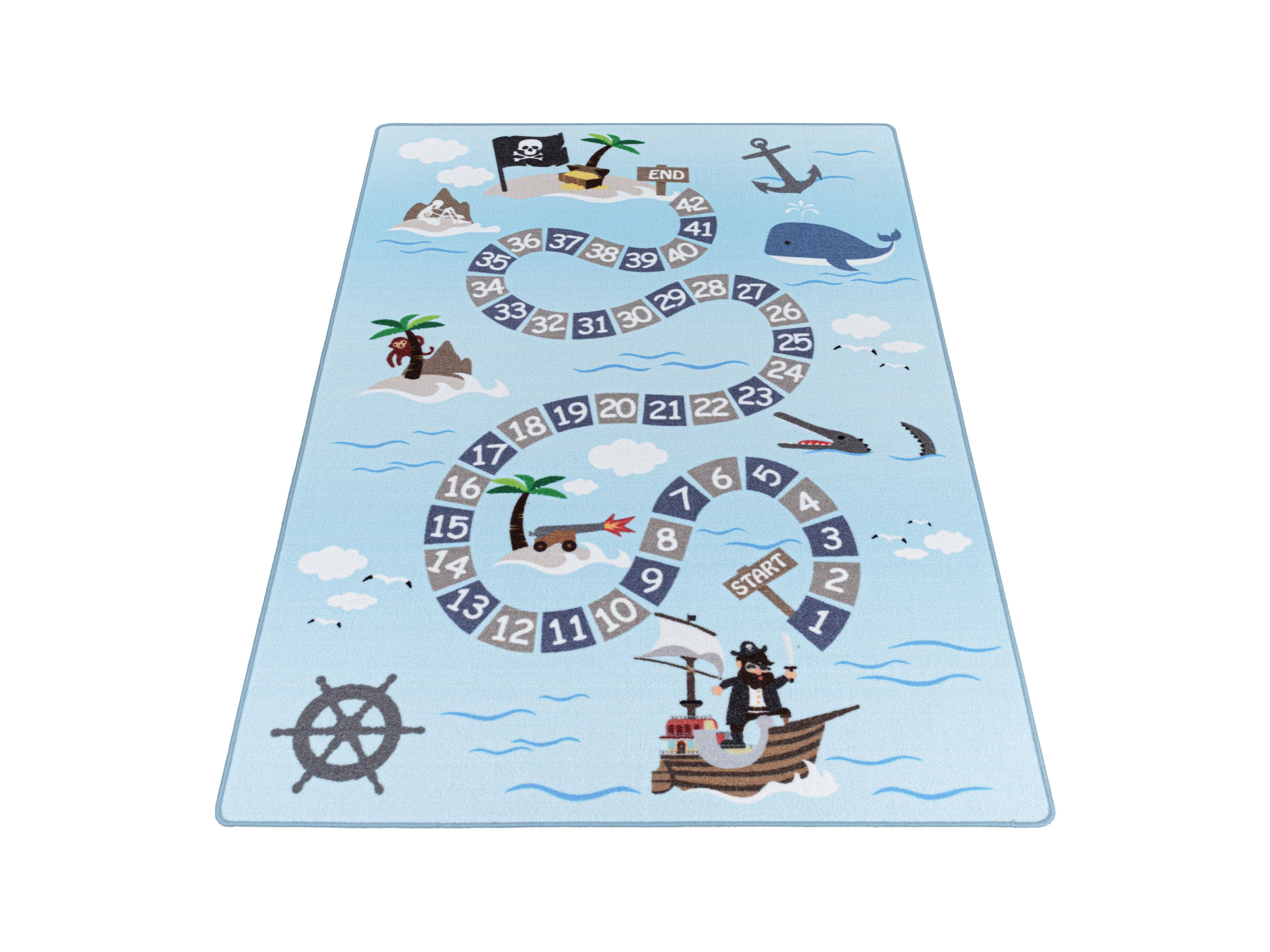 Kurzflor Kinderteppich Spielteppich Kinderzimmer Teppich Seefahrt Piraten Blau