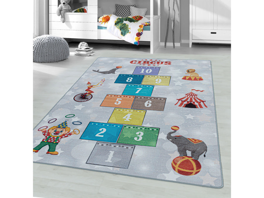 Kurzflor Kinderteppich Spielteppich Kinderzimmer Teppich Zirkus Clown Löwe Blau
