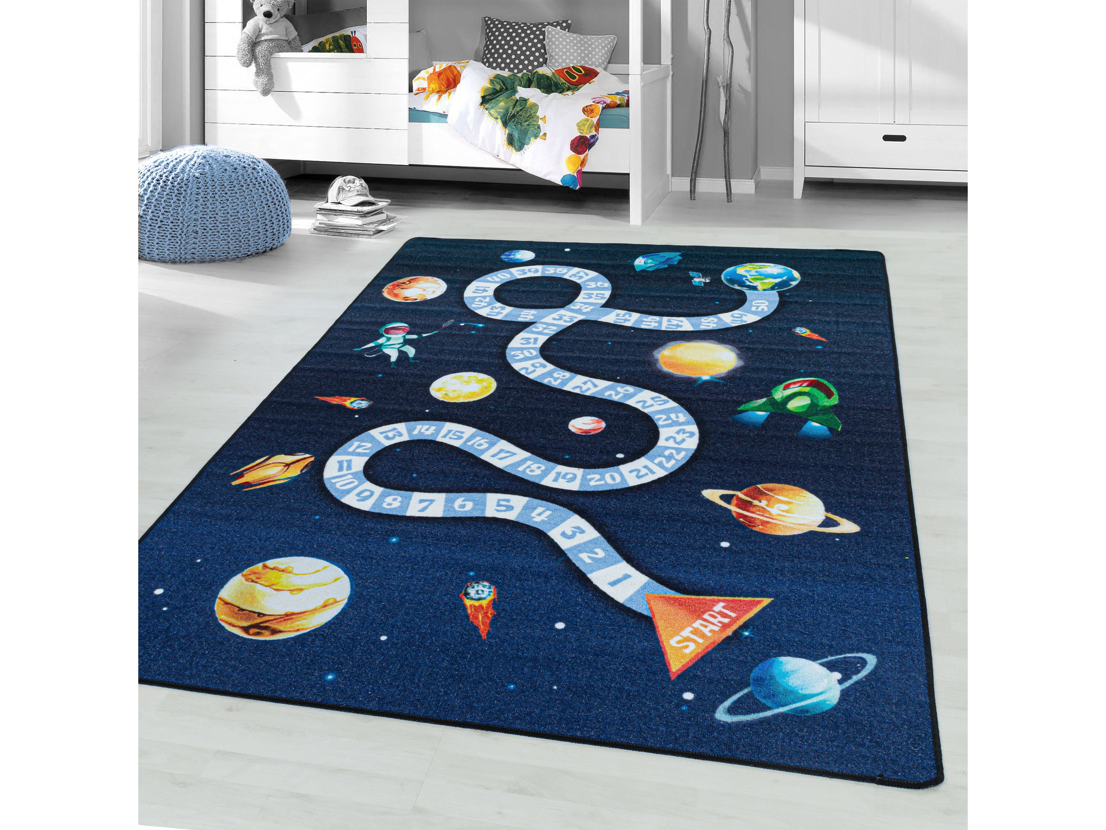 Kurzflor Teppich Kinderteppich Kinderzimmer Spiel Weltall Planet Rakete Blau