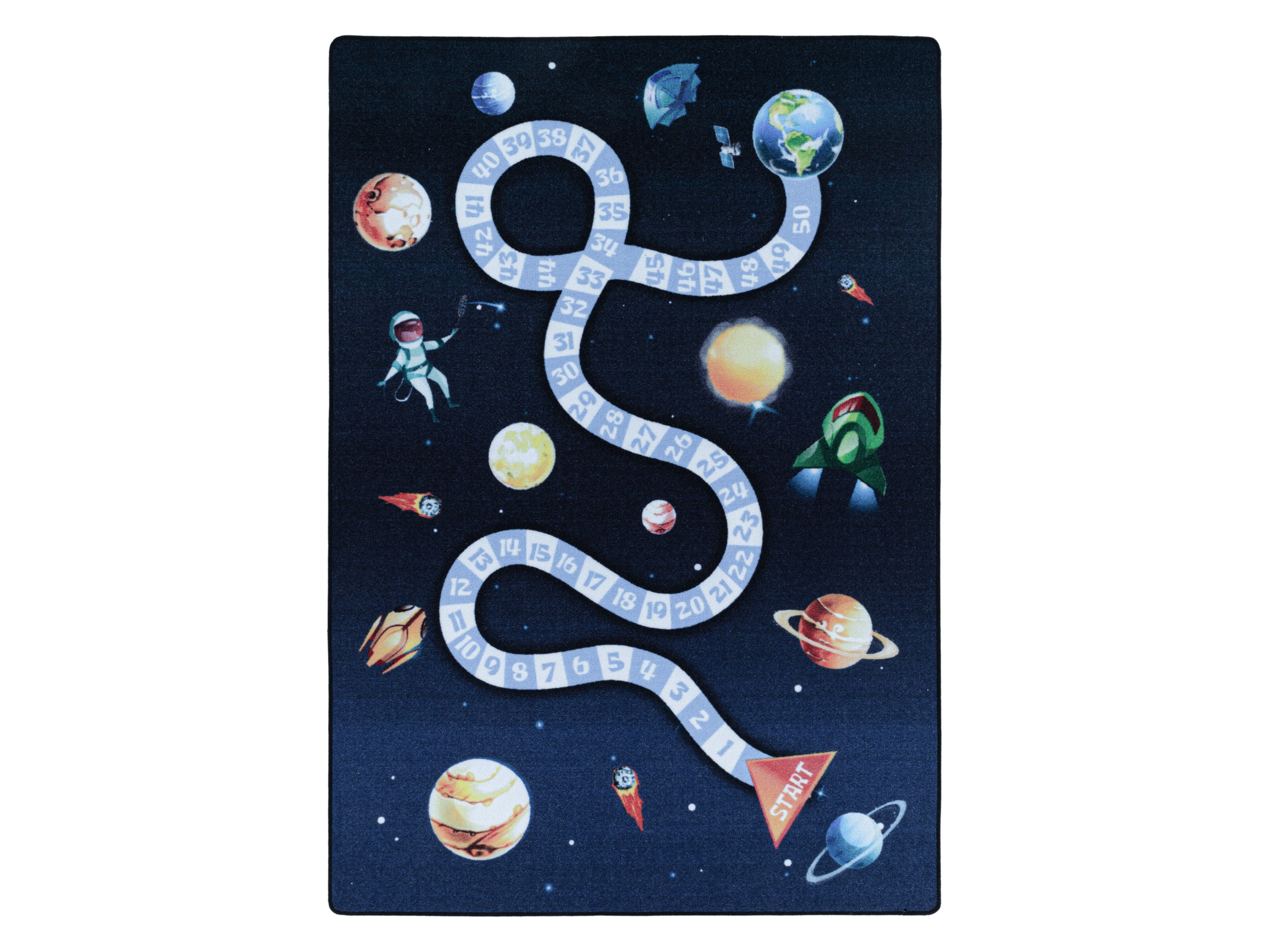 Kurzflor Teppich Kinderteppich Kinderzimmer Spiel Weltall Planet Rakete Blau
