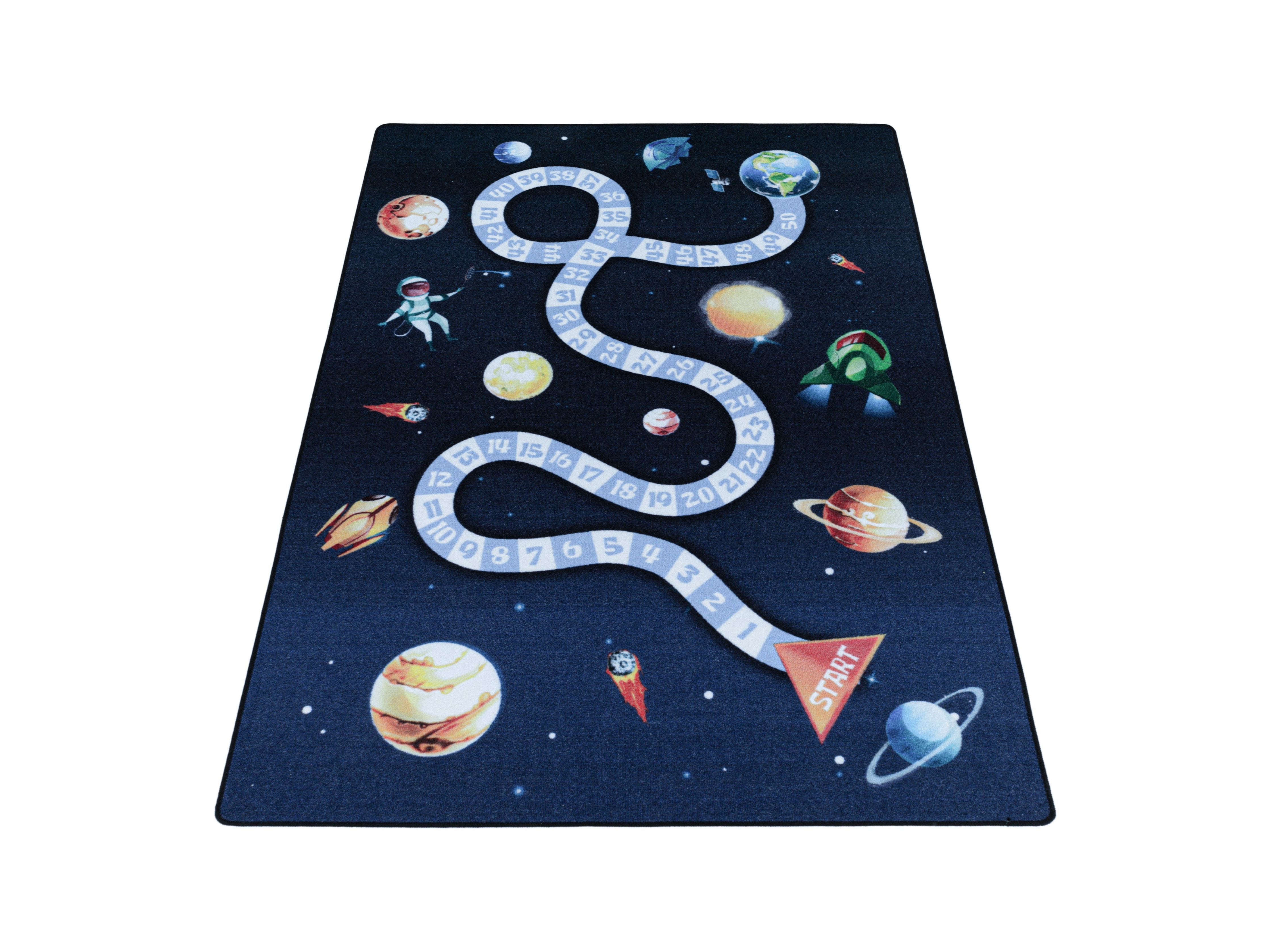 Kurzflor Teppich Kinderteppich Kinderzimmer Spiel Weltall Planet Rakete Blau