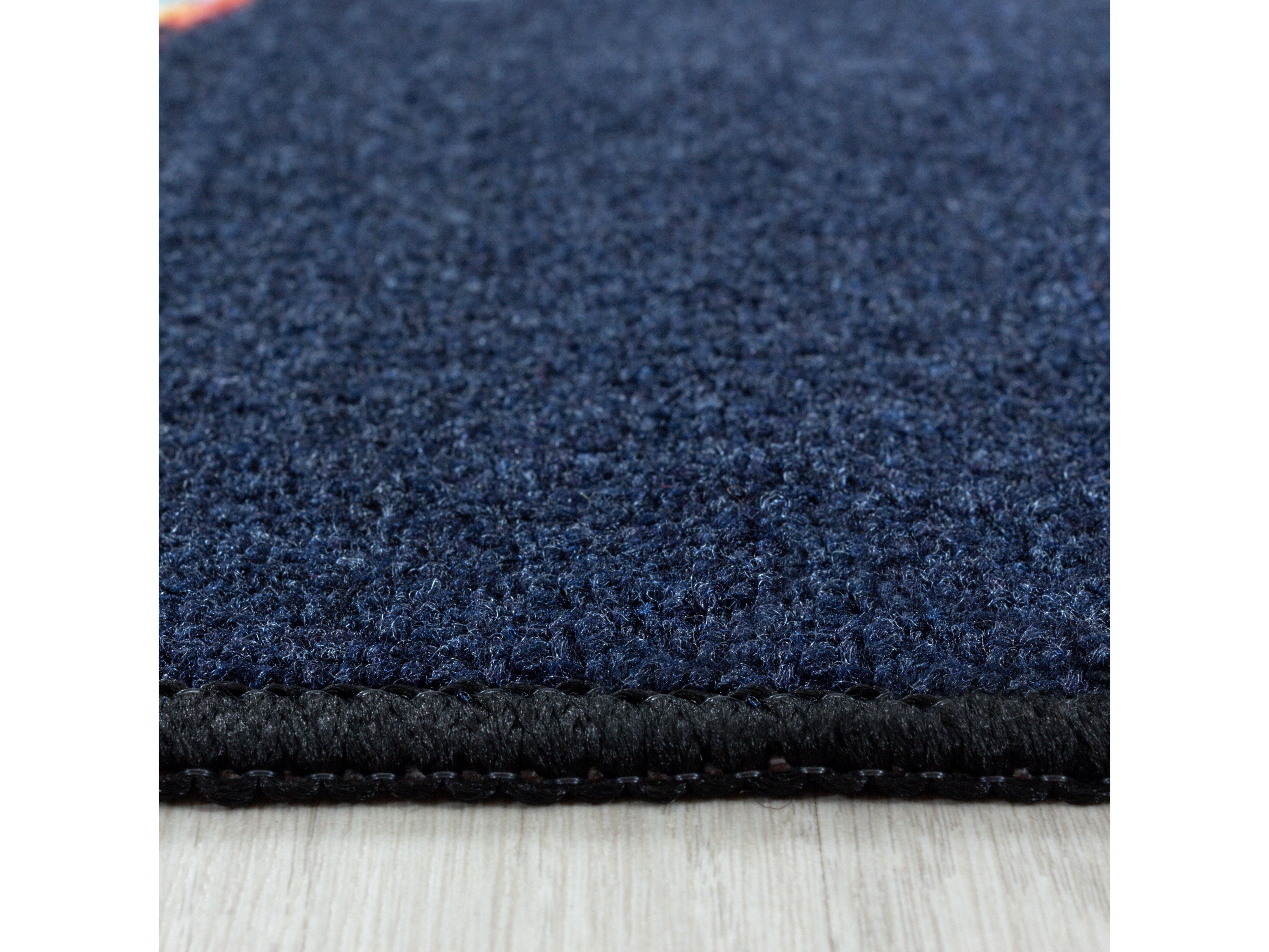 Kurzflor Teppich Kinderteppich Kinderzimmer Spiel Weltall Planet Rakete Blau