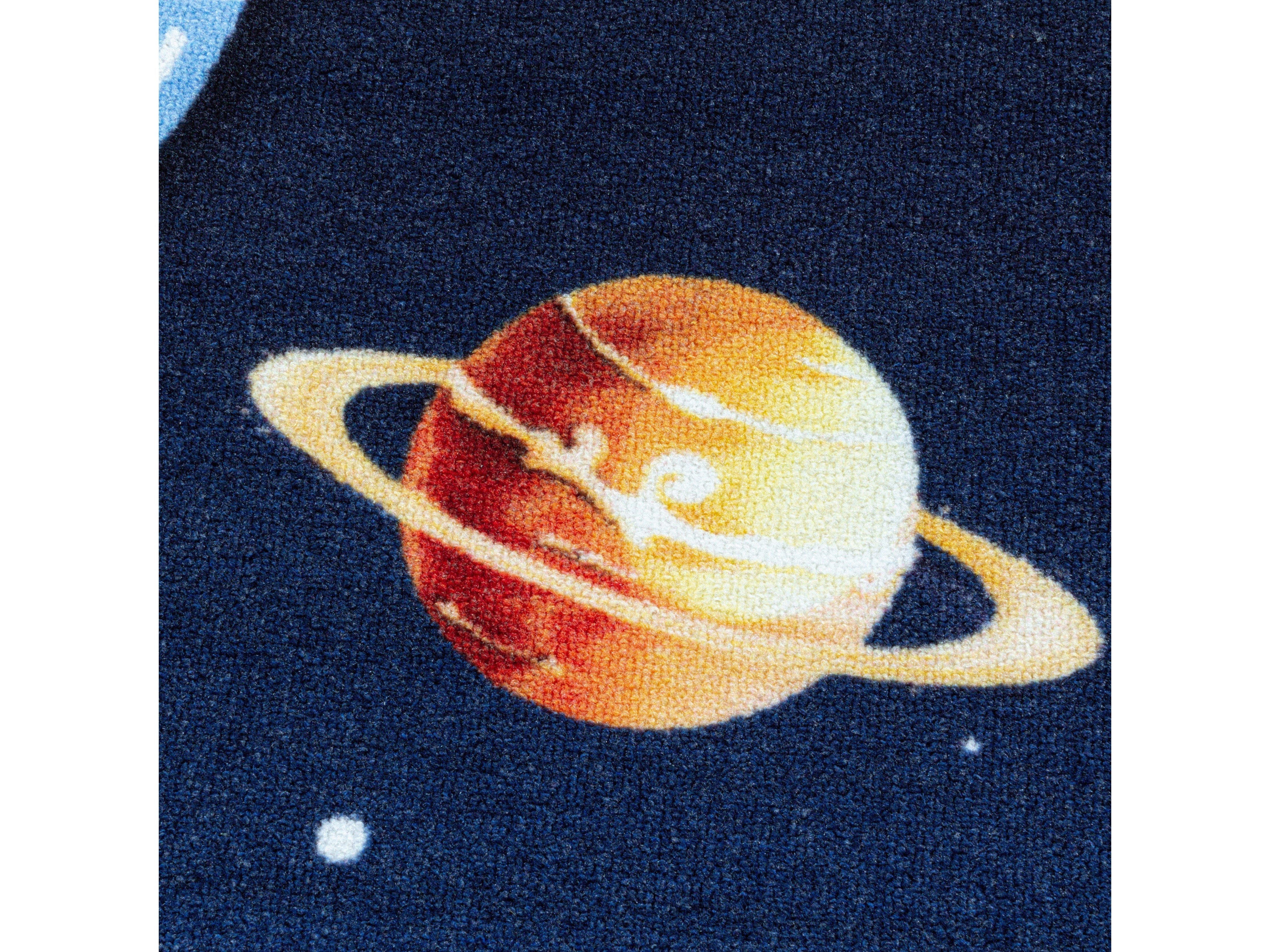 Kurzflor Teppich Kinderteppich Kinderzimmer Spiel Weltall Planet Rakete Blau