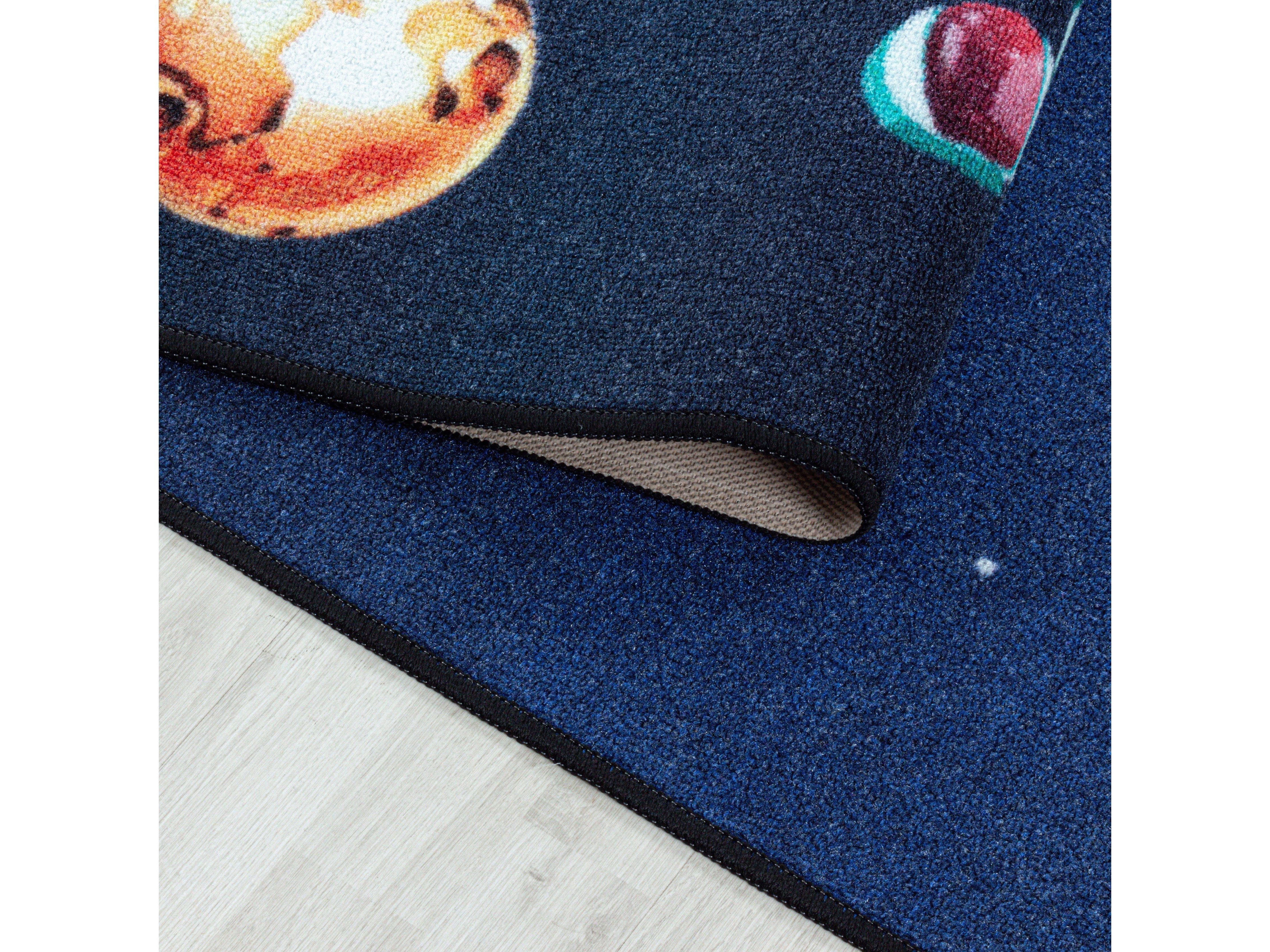 Kurzflor Teppich Kinderteppich Kinderzimmer Spiel Weltall Planet Rakete Blau