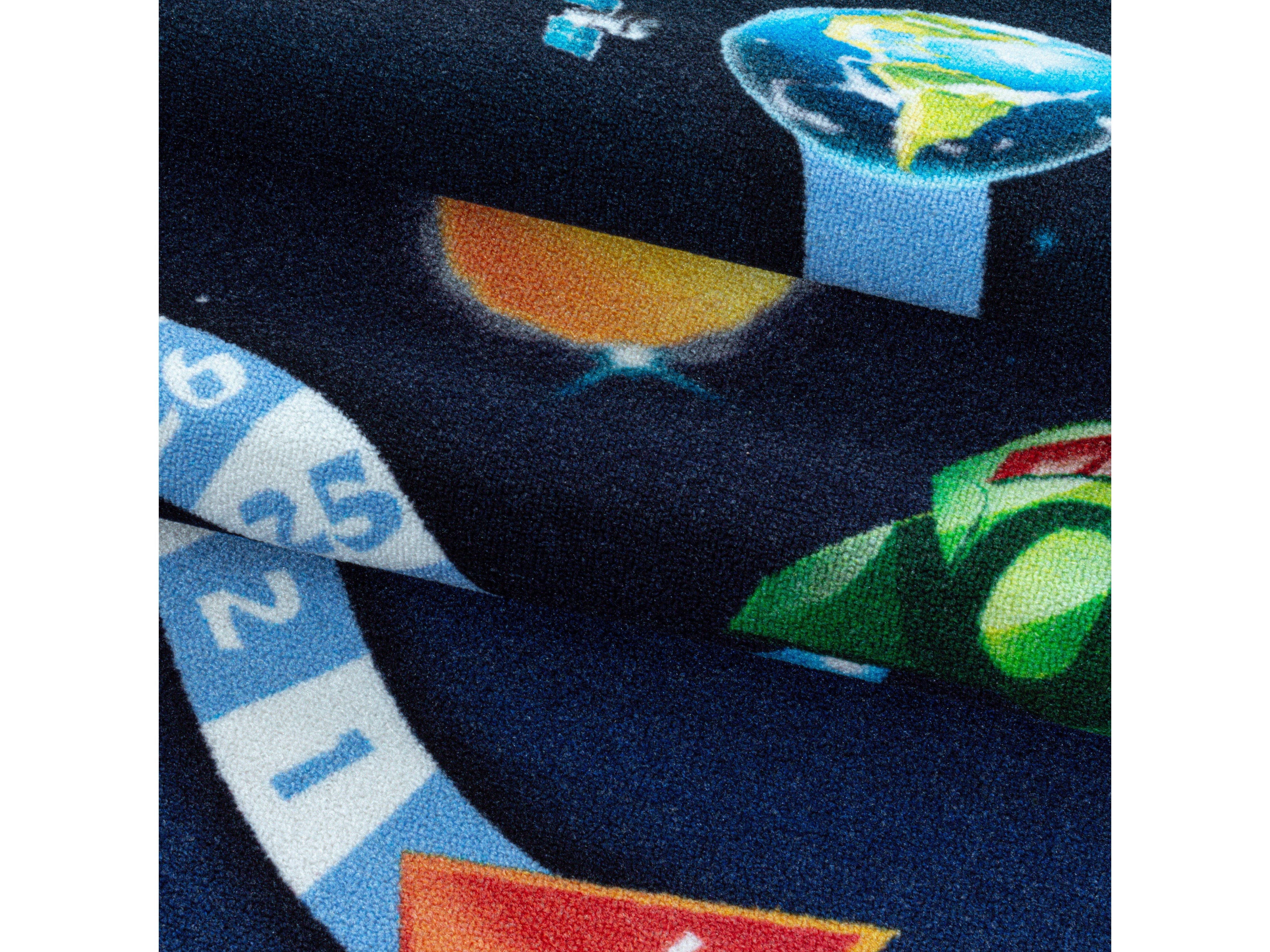 Kurzflor Teppich Kinderteppich Kinderzimmer Spiel Weltall Planet Rakete Blau