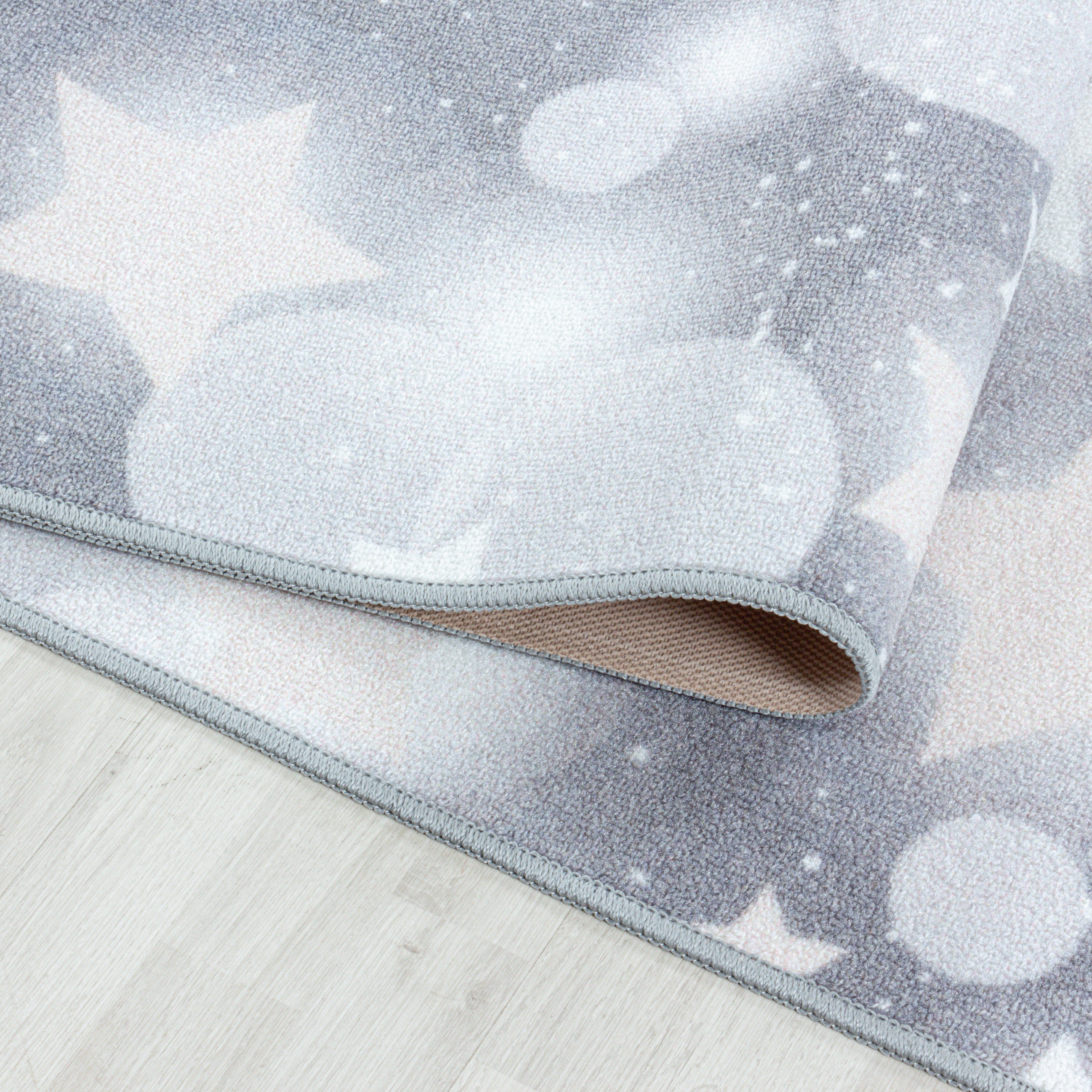 Kurzflor Teppich Kinderteppich Kinderzimmer Spielteppich Sterne Punkte Grau