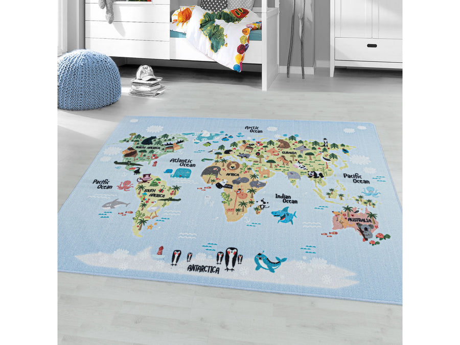 Kurzflor Teppich Kinderteppich Kinderzimmer Spielteppich Weltkarte Tiere Weiss